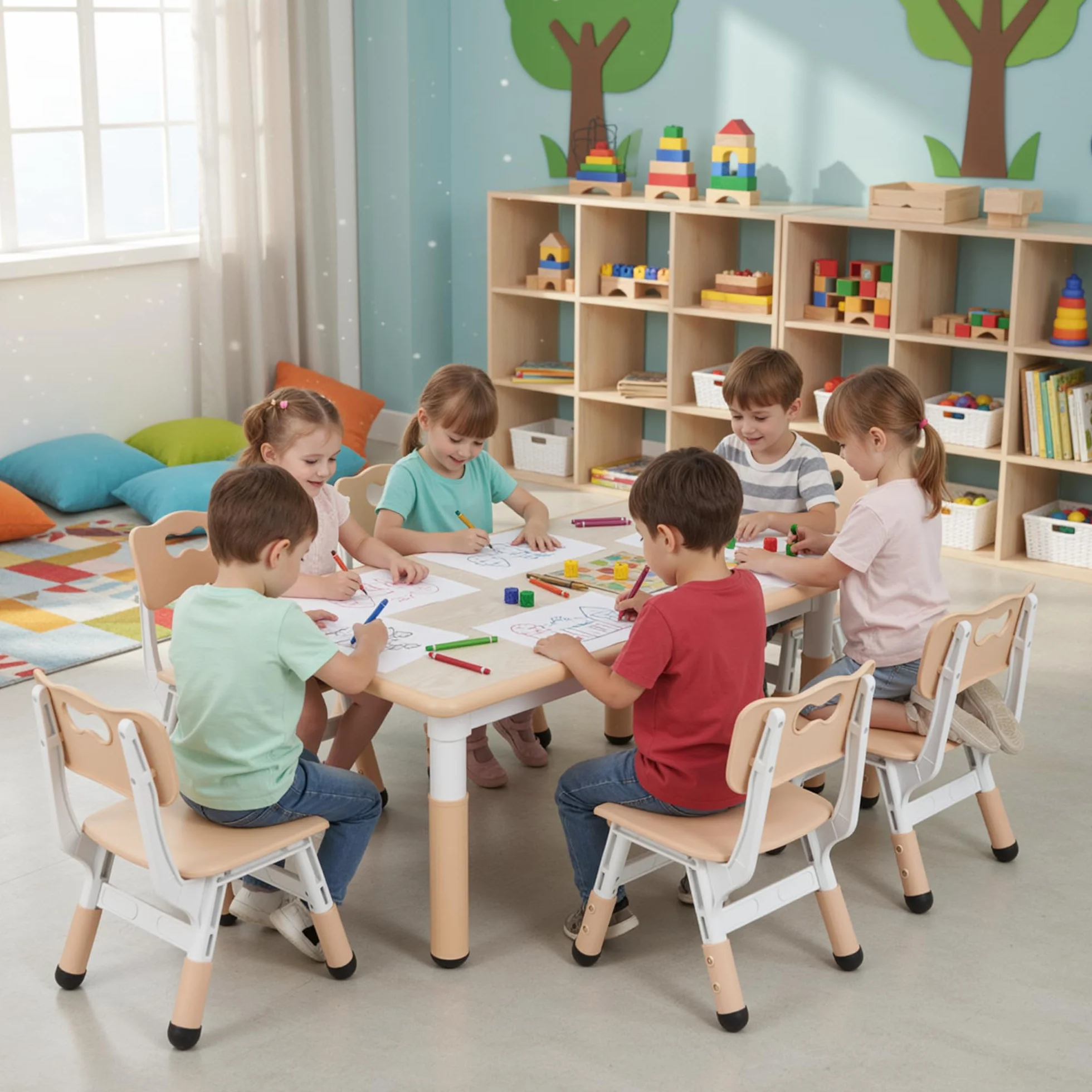 Mesa niños Infantil con 6 Sillas, Grupo de Mesa Infantil en Altura Ajustable, Juego de Sillas para Jardín de Infantes y Habitación, Grupo de Asientos para Niños y Niñas a Partir de 2 Años, Amarillo