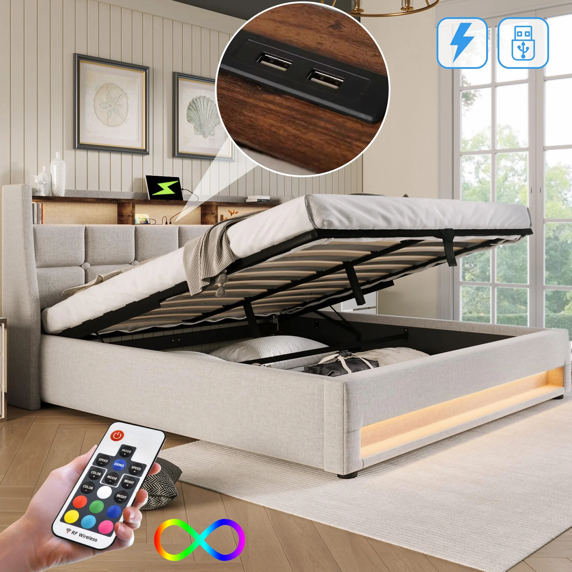 Cama 140x200 cm Cama Matrimonio, Cama Juvenil con Cabecero LED y Carga USB, Camas Matrimoniales con Almacenaje Hidráulico, Estructura Cama Doble con Lamas de Madera, Lino Beige, Sin Colchón