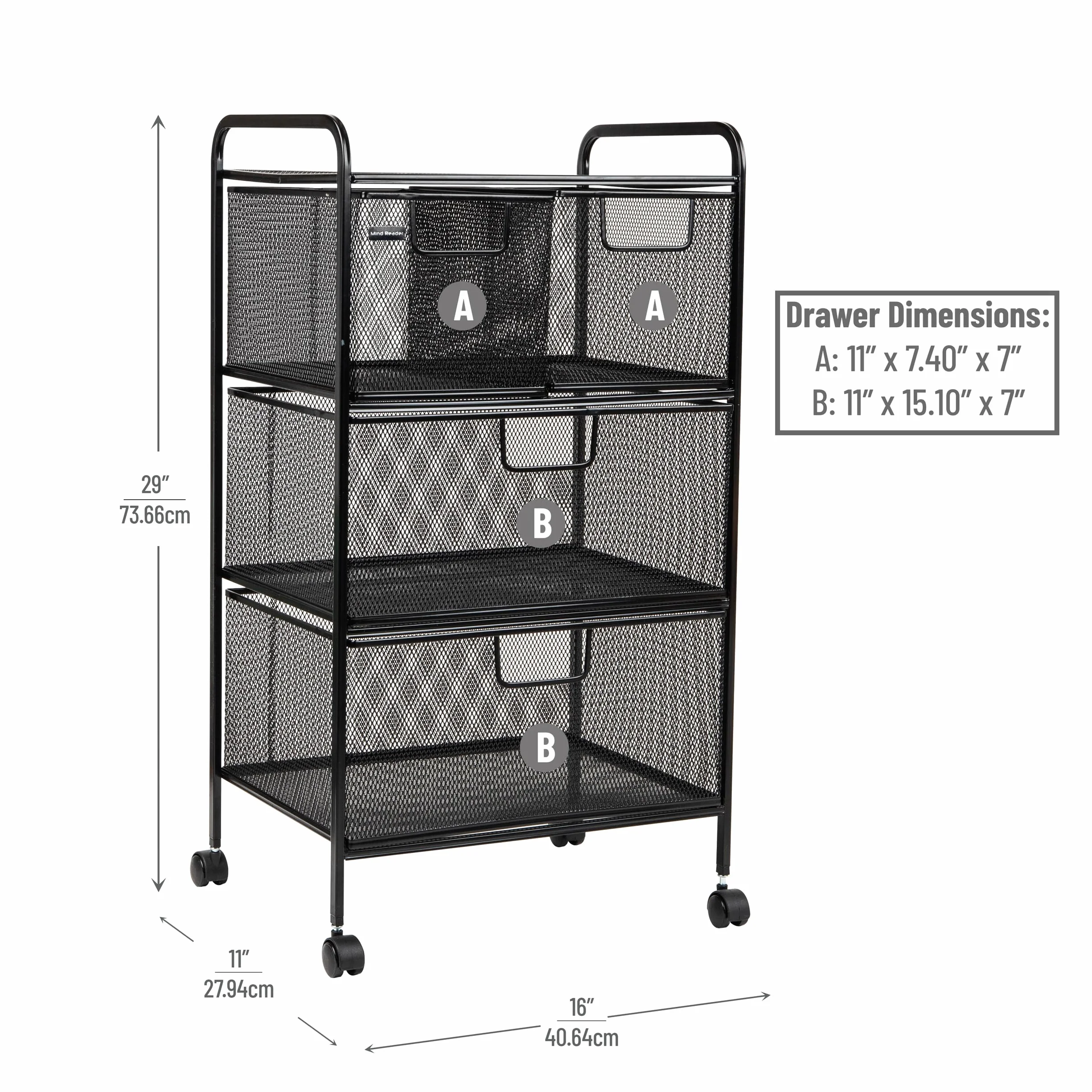 Mind Reader Carrito con cajones, organizador de lavandería, carrito utilitario, baño, cocina, malla metálica, 40.6 cm de largo x 27.9 cm de ancho x 73.7 cm de alto, color negro