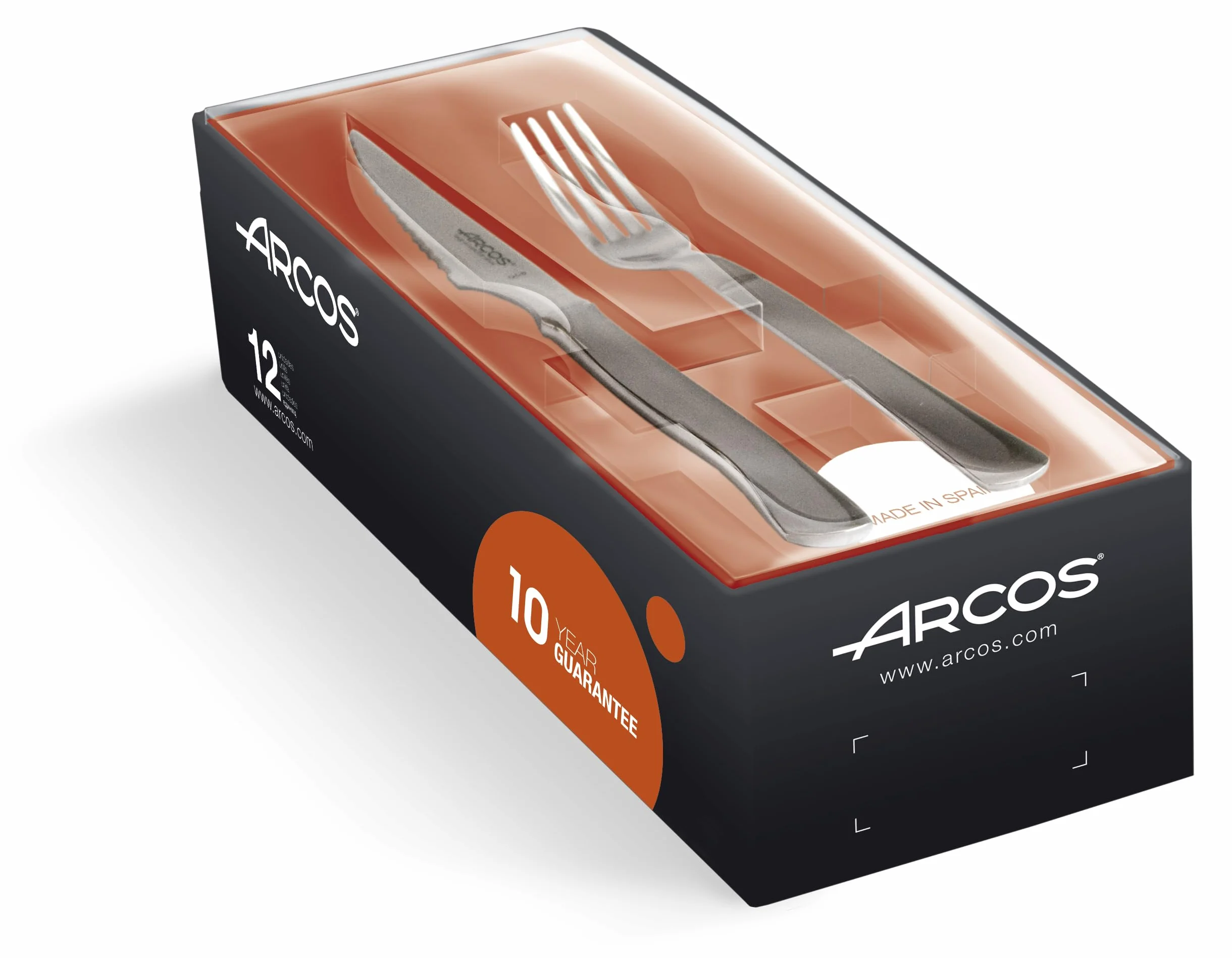 Arcos Mesa Juego de 12 Cubiertos para Mesa, 6 Cuchillos y 6 Tenedores. Set de 12 Piezas para Servicio en Mesa en Acero Inoxidable y Filo Perlado. Color Plata