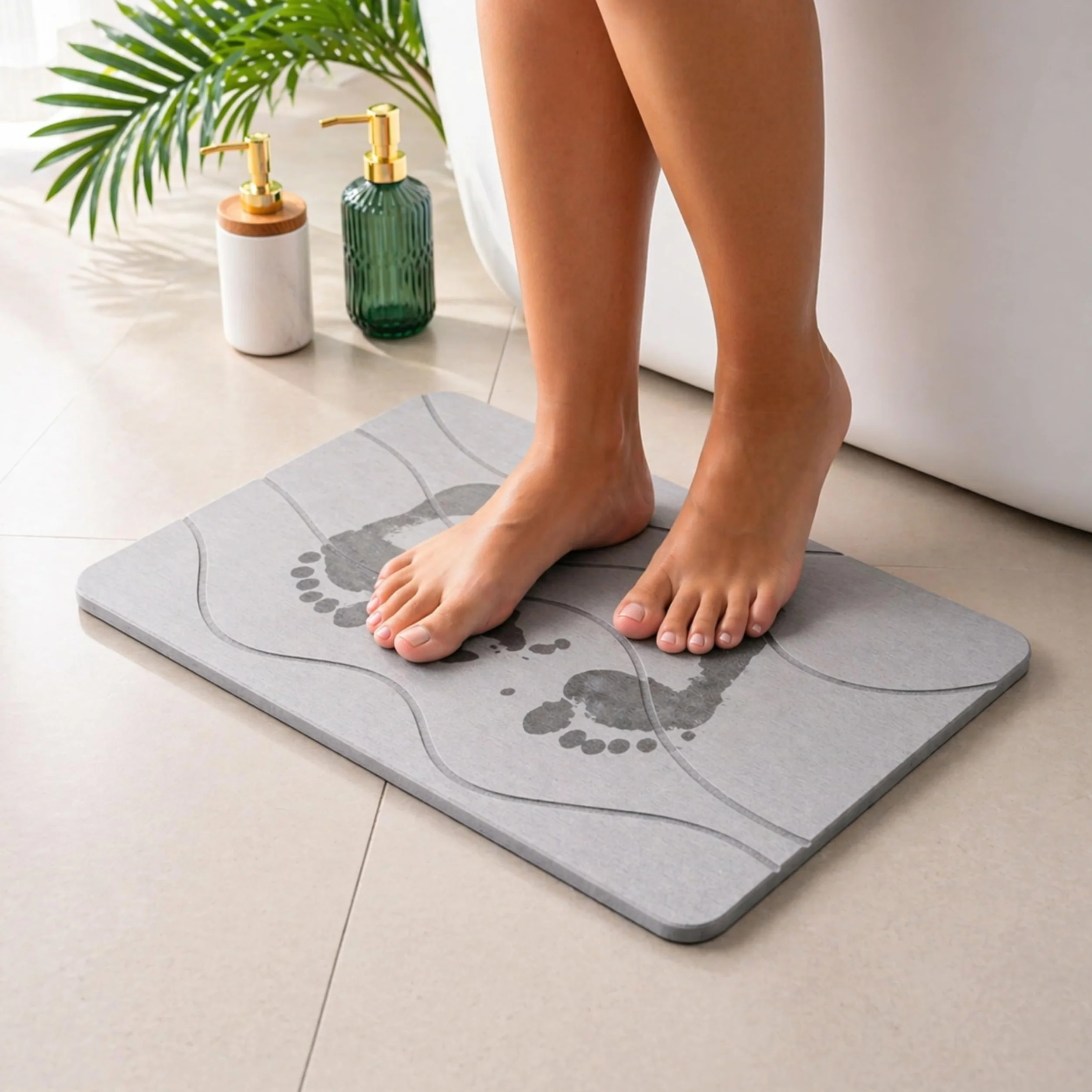Alfombra Diatomita Baño 60x40 Antideslizante Antibacteriana Super Absorbente Stone Bath Mat Grey Waves