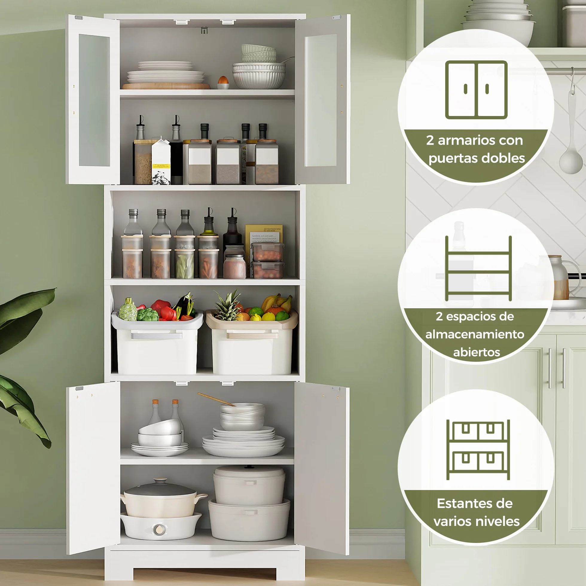 BEWISHOME Armario Alto de Baño 40x60x180 cm Blanco con 2 Estantes Ajustables