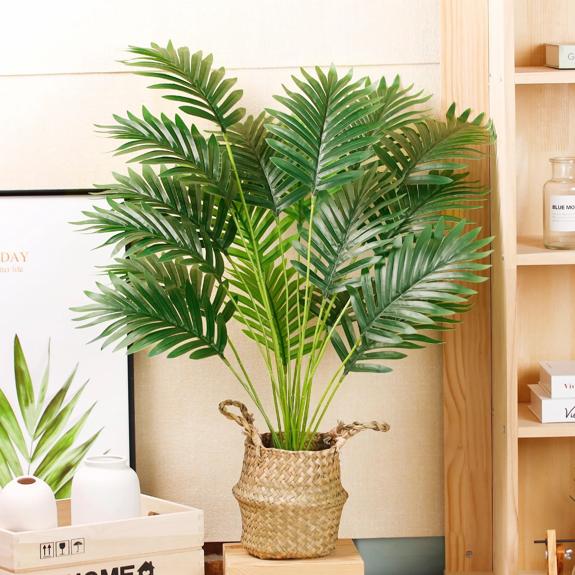 Der Rose Palmera falsa de 28 pulgadas, planta artificial en maceta alta con cesta tejida, decoración para interiores y exteriores
