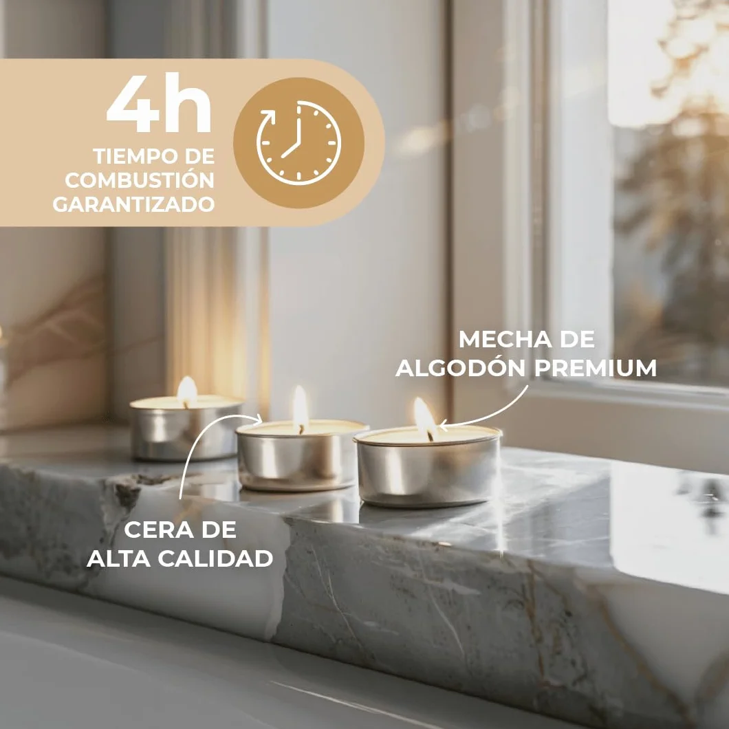 Velas de té Blancas 4 Horas 50 Unidades Sin Perfume Decorativas