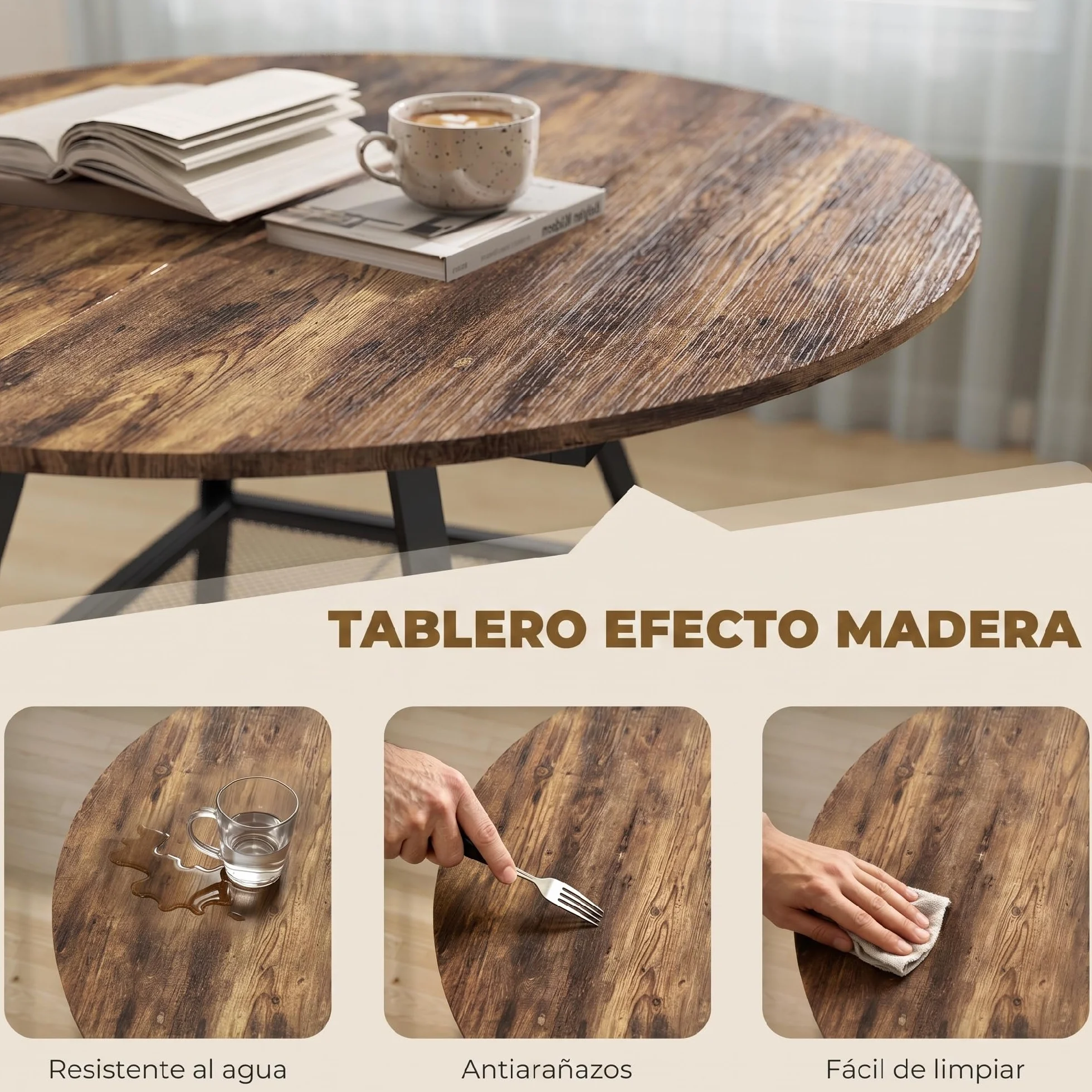 HOMCOM Mesa de Comedor Redonda, Mesa de Cocina para 4 Personas con Estante, Marco Metálico, para Sala de Estar, Ø100x76 cm, Marrón Rústico