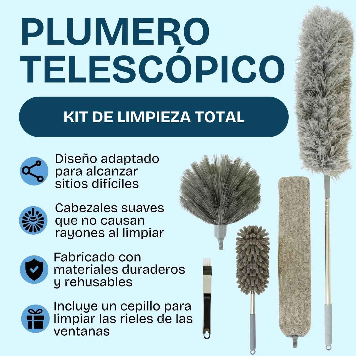 Plumero Atrapapolvo Extensible Microfibra 6 Piezas Lavables Kit Limpia Polvo Cepillo Ranuras Ventanas Puertas Gris