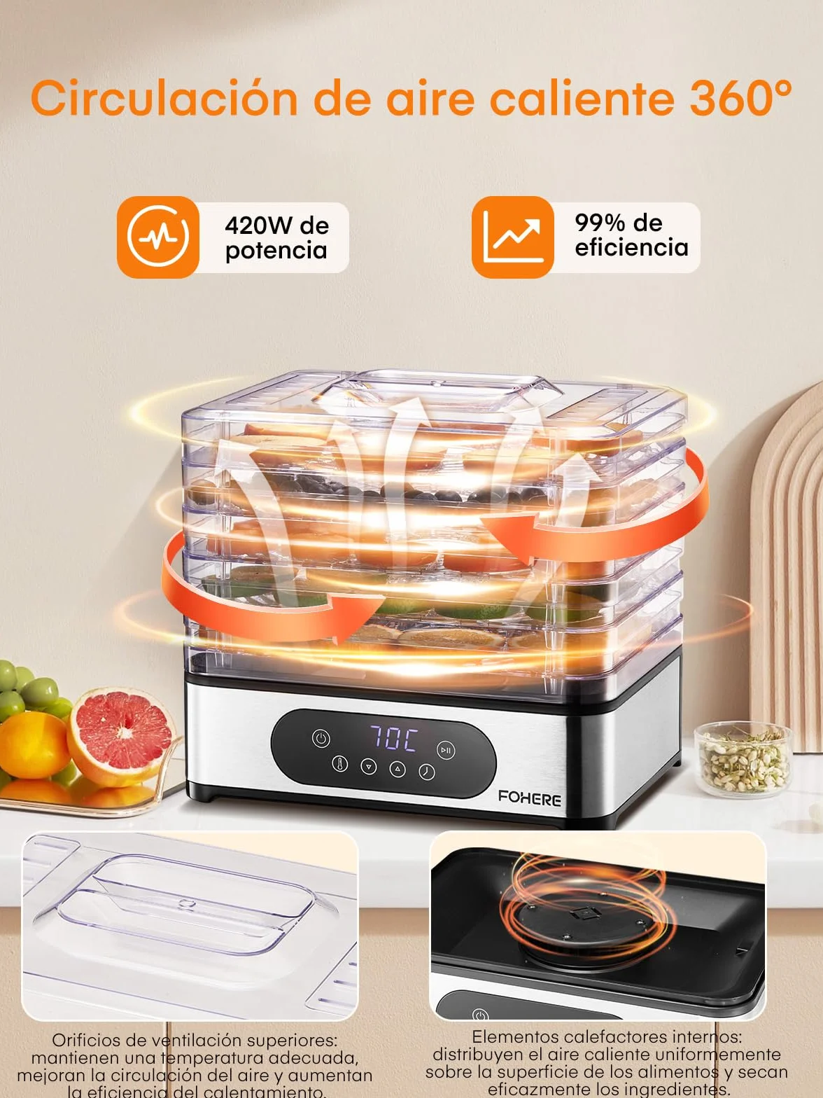 Deshidratador de Alimentos FOHERE 420W 5 Bandejas Inox Pantalla LED Temporizador Temperatura 35-70°C