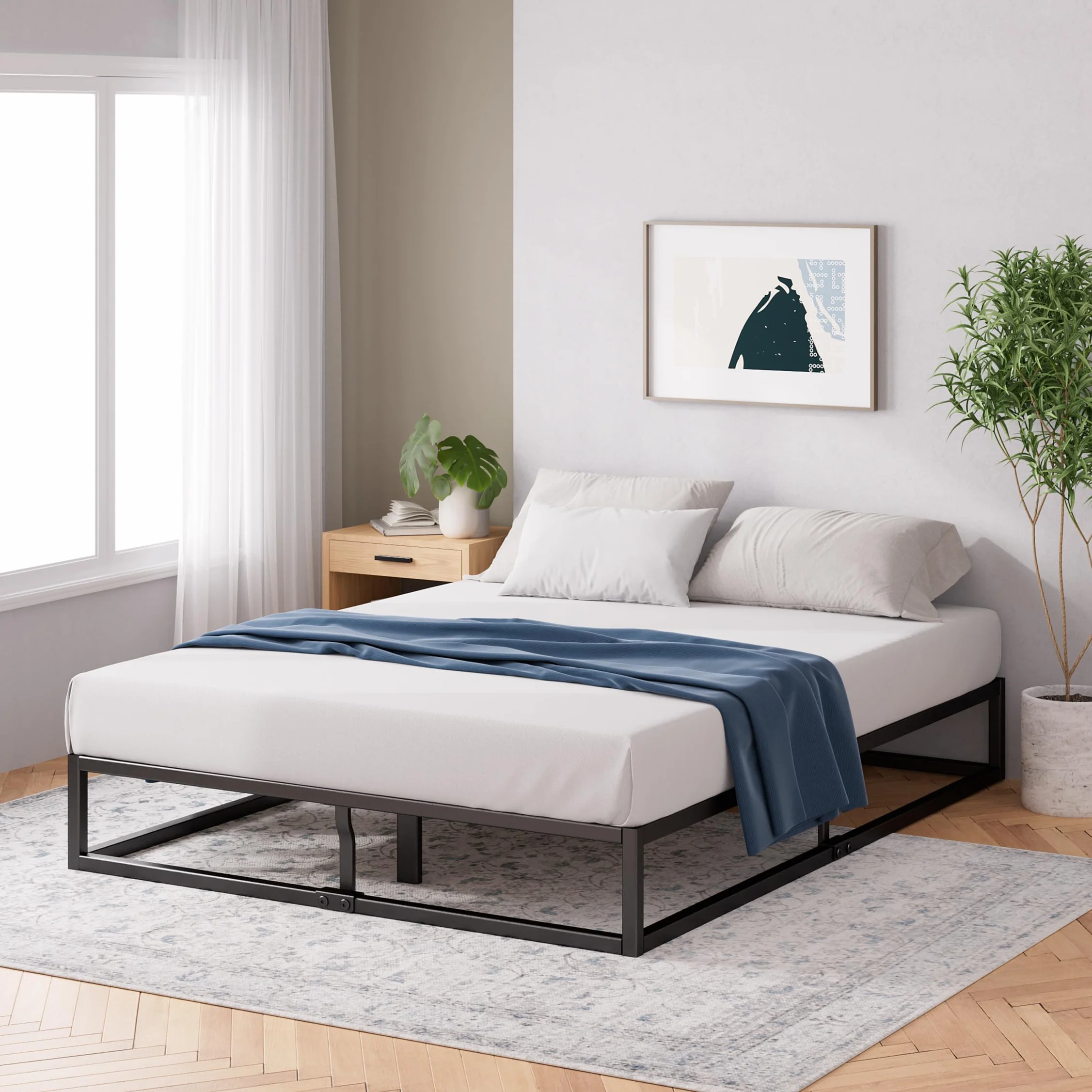 Zinus Joseph Somier 135x190 cm - Altura 25 cm - Base Cama Matrimonio en Acero - Láminas de Madera - Montaje Fácil- Espacio de Almacenamiento - Negro