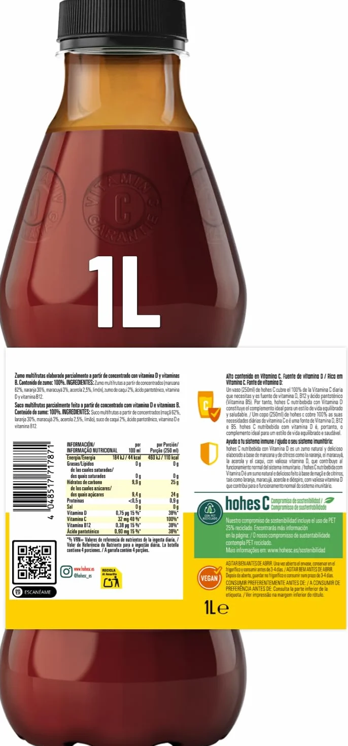 hohes C Plus Zumo con Vitamina C y D Fortalece los huesos 100% natural 1L