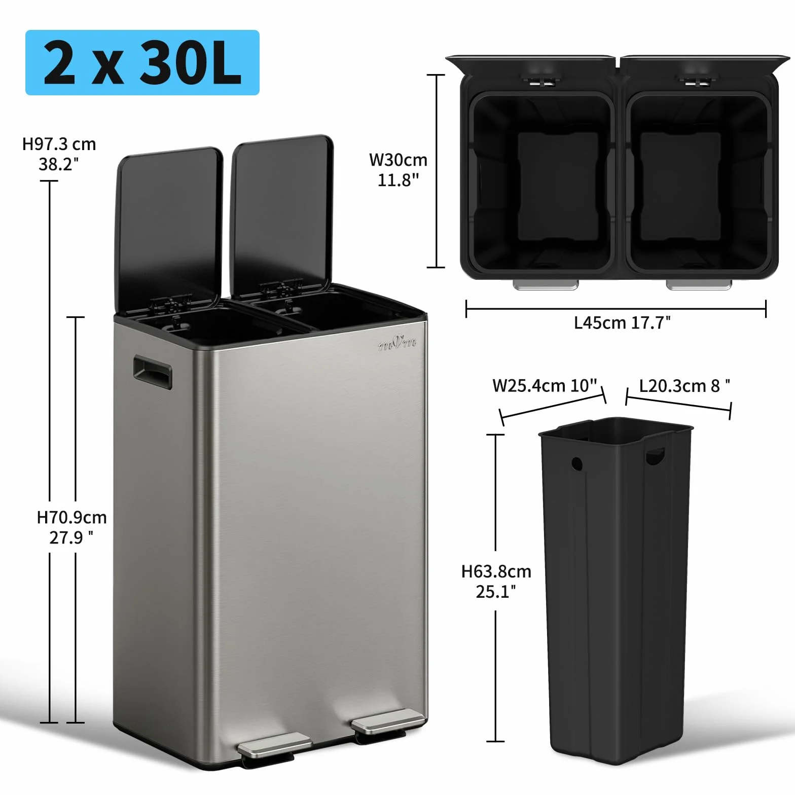 mVm Cubo de Basura para la Cocina, 2 Compartimentos 2 x 30L Cubo de Basura Cocina, Papelera Moderna y Robusta, Cierre Suave, para Cocina, Salón, Gris