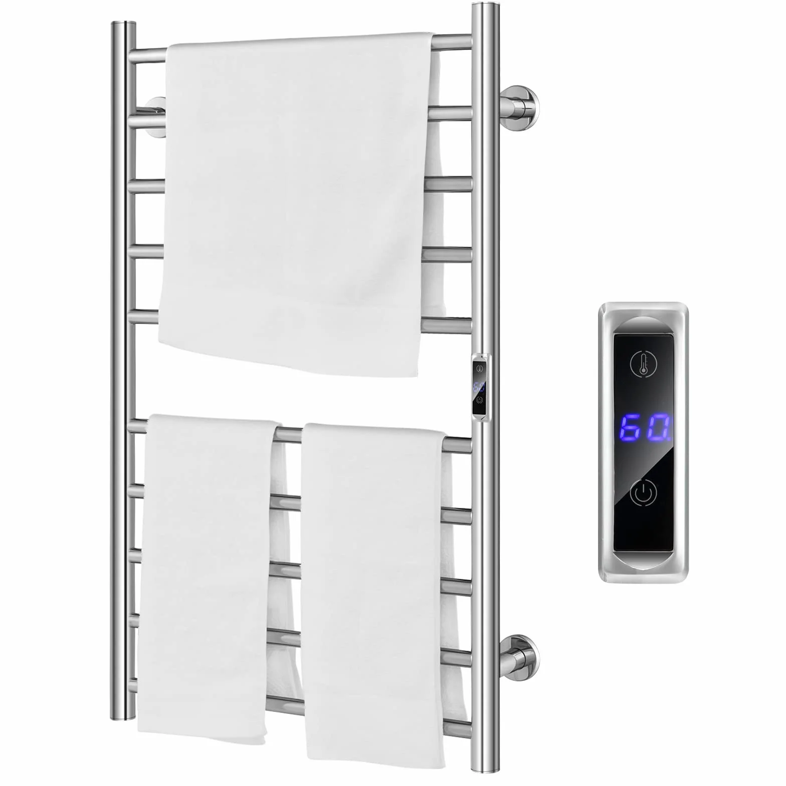 LIFEZEAL Toallero Eléctrico de Baño, Calentador de Toallas de Pared con Temporizador de 1-8H y Pantalla LCD, Toallero Caliente de Acero Inoxidable con 10 Barras, 120W