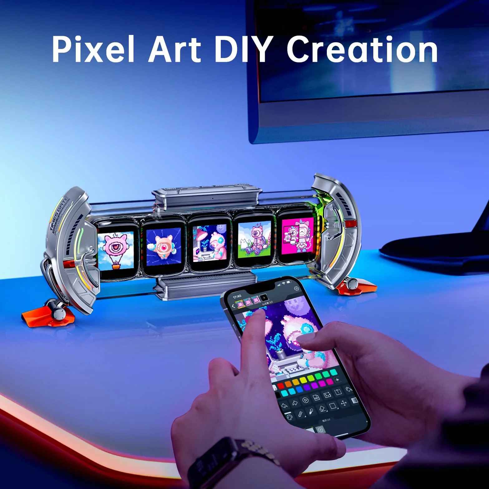 Divoom Times Gate WiFi Pixel Art Pantalla Informativa,5pcs 128 * 128 IPS Pantalla,LED Digital Reloj Luces Decorativo con App Control para Gaming Room Table Setup Decoración