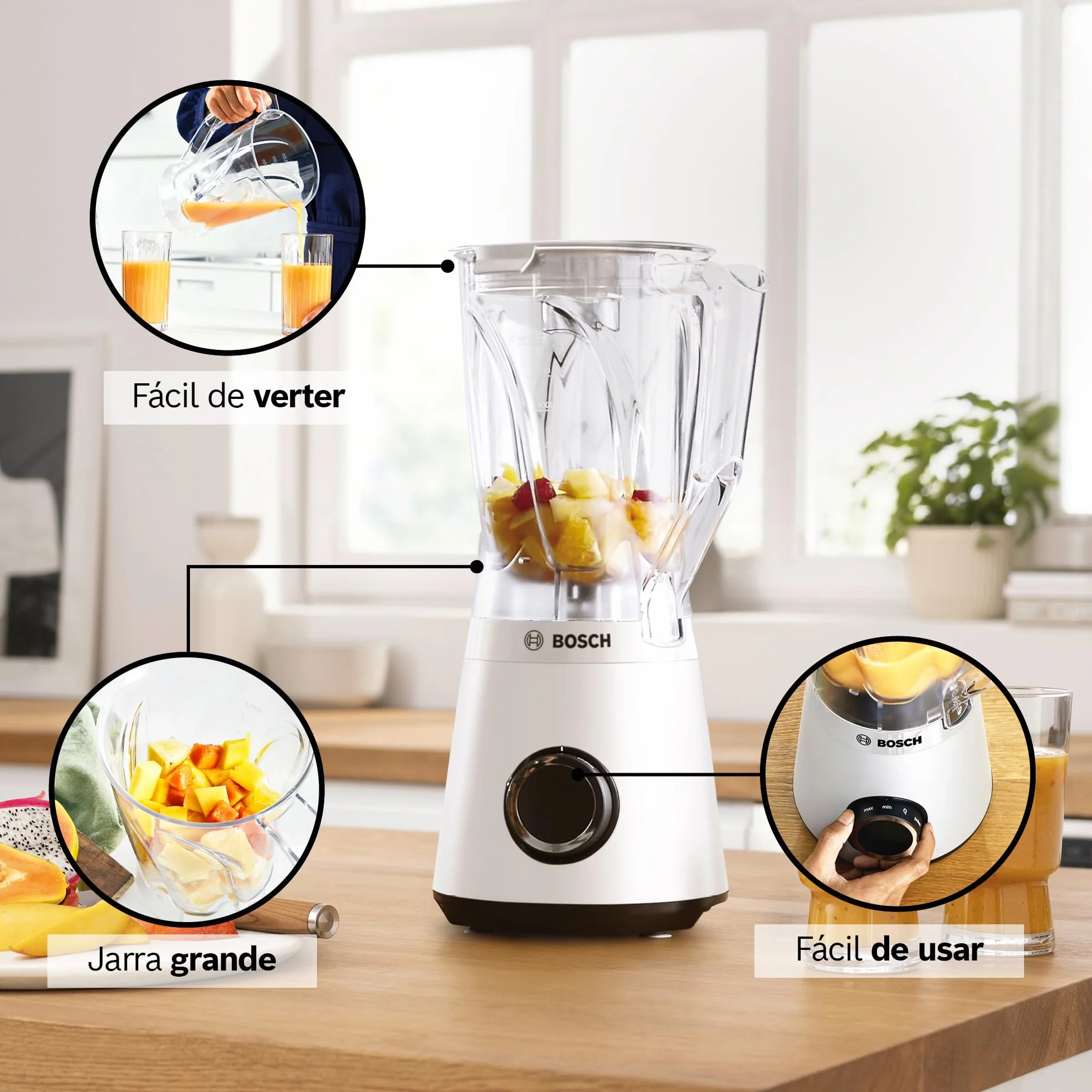 Bosch - Batidora de vaso, VitaPower, Serie 4, 1200W, Jarra Tritán, Botella ToGo, Blanco, MMB6141W