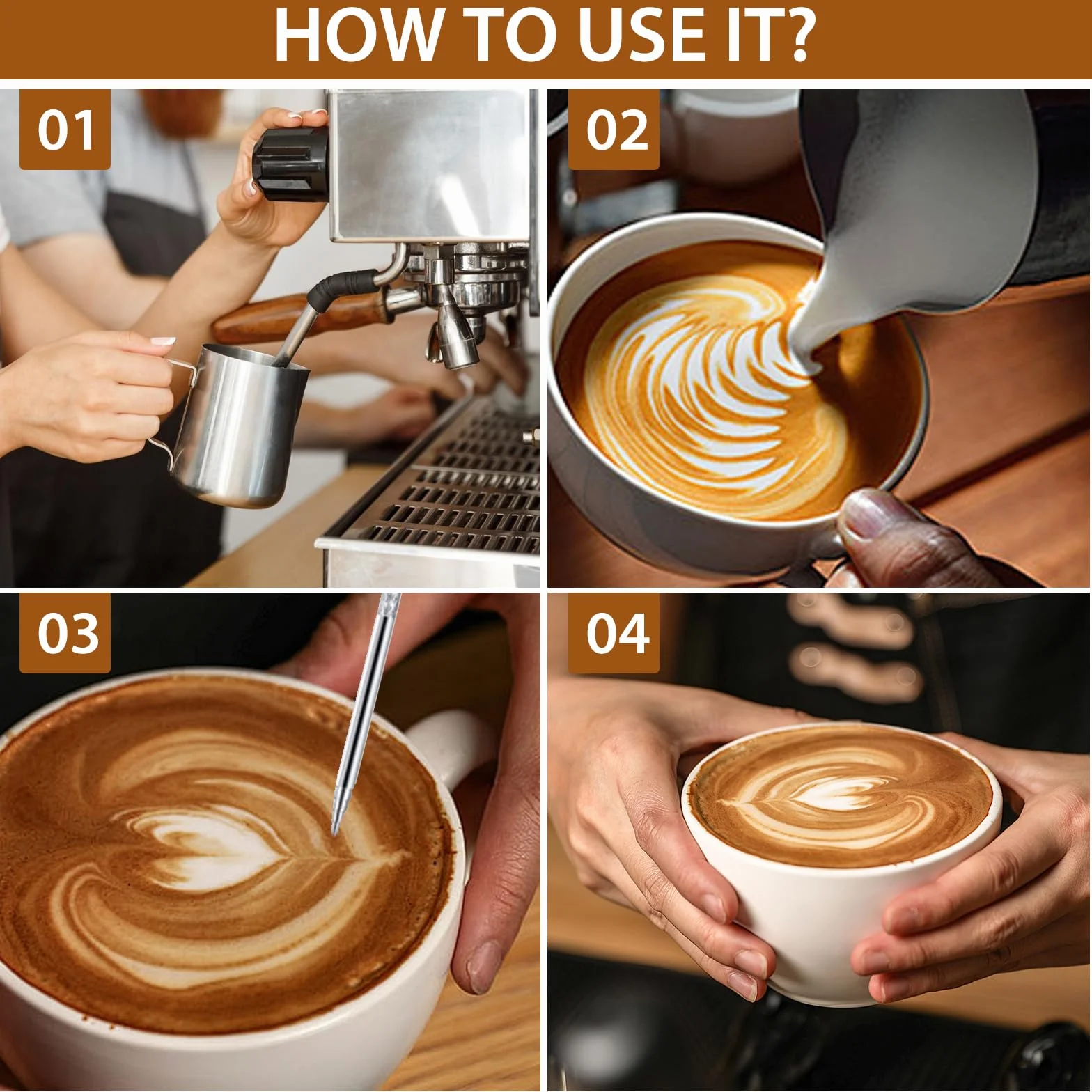 Jarra Leche Barista 350ml Acero Inoxidable Escala, Aguja Latte Art, Para Espuma Cappuccino Espresso (Plateado)