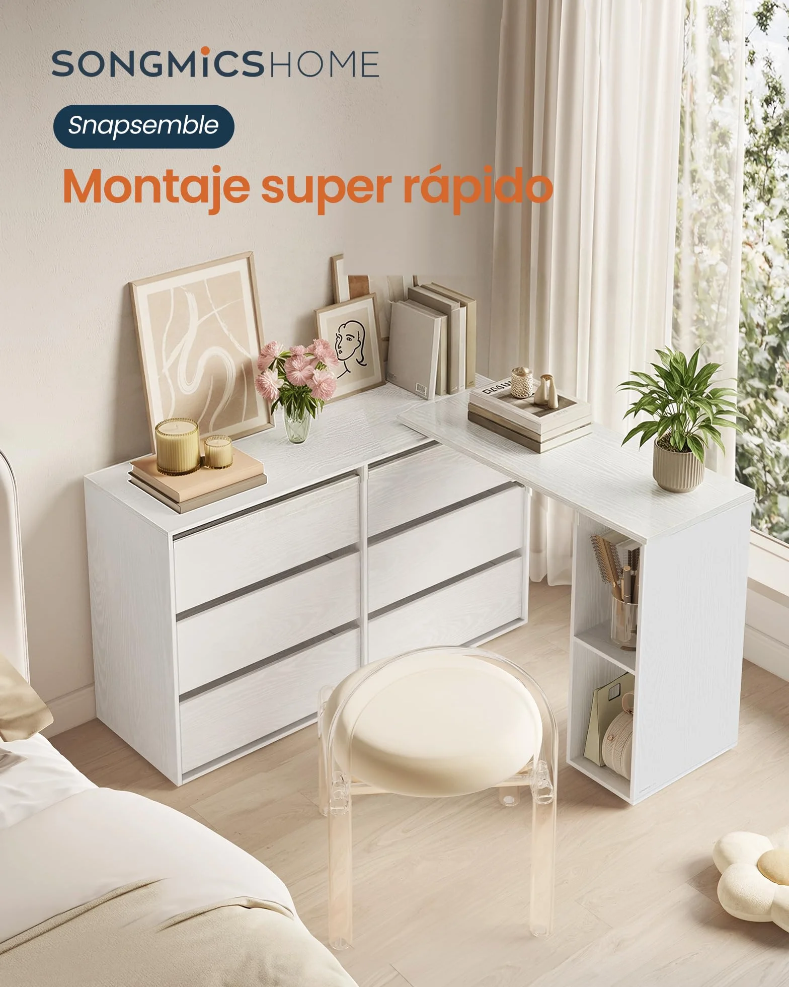 SONGMICS HOME Cómoda de Dormitorio, Mueble Cajonera con 6 Cajones, Tablero de Partículas, 153 x 39 x 73,9 cm, Aparador Auxiliar para Escritorio, Blanco, Colección Kadin LTS656W01