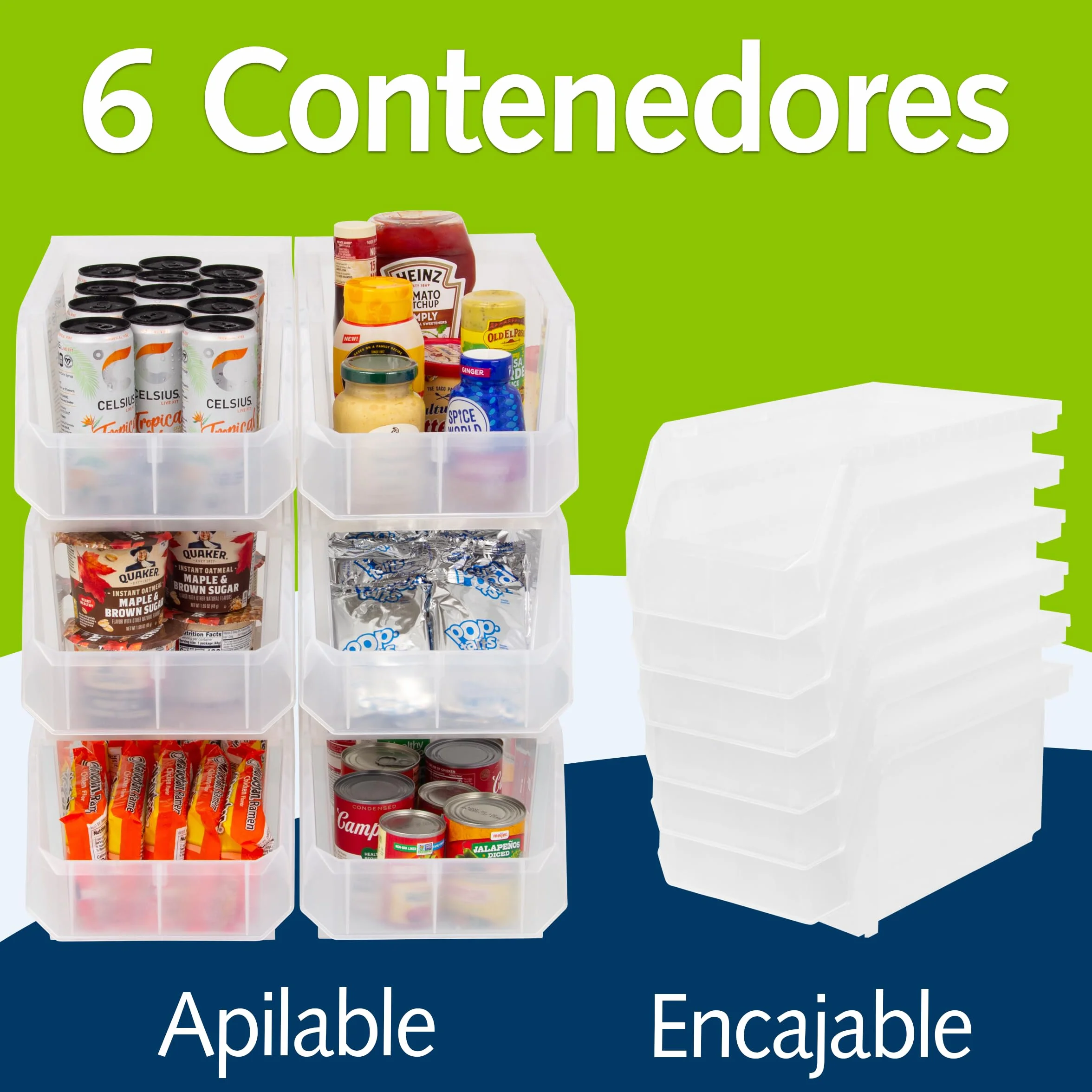 ReadySpace - Set de 6 contenedores de plástico para organización y almacenamiento, apilables, grandes, 37,6 x 20,3 x 17,8 cm, para armario, cocina, oficina, garaje o despensa, transparente