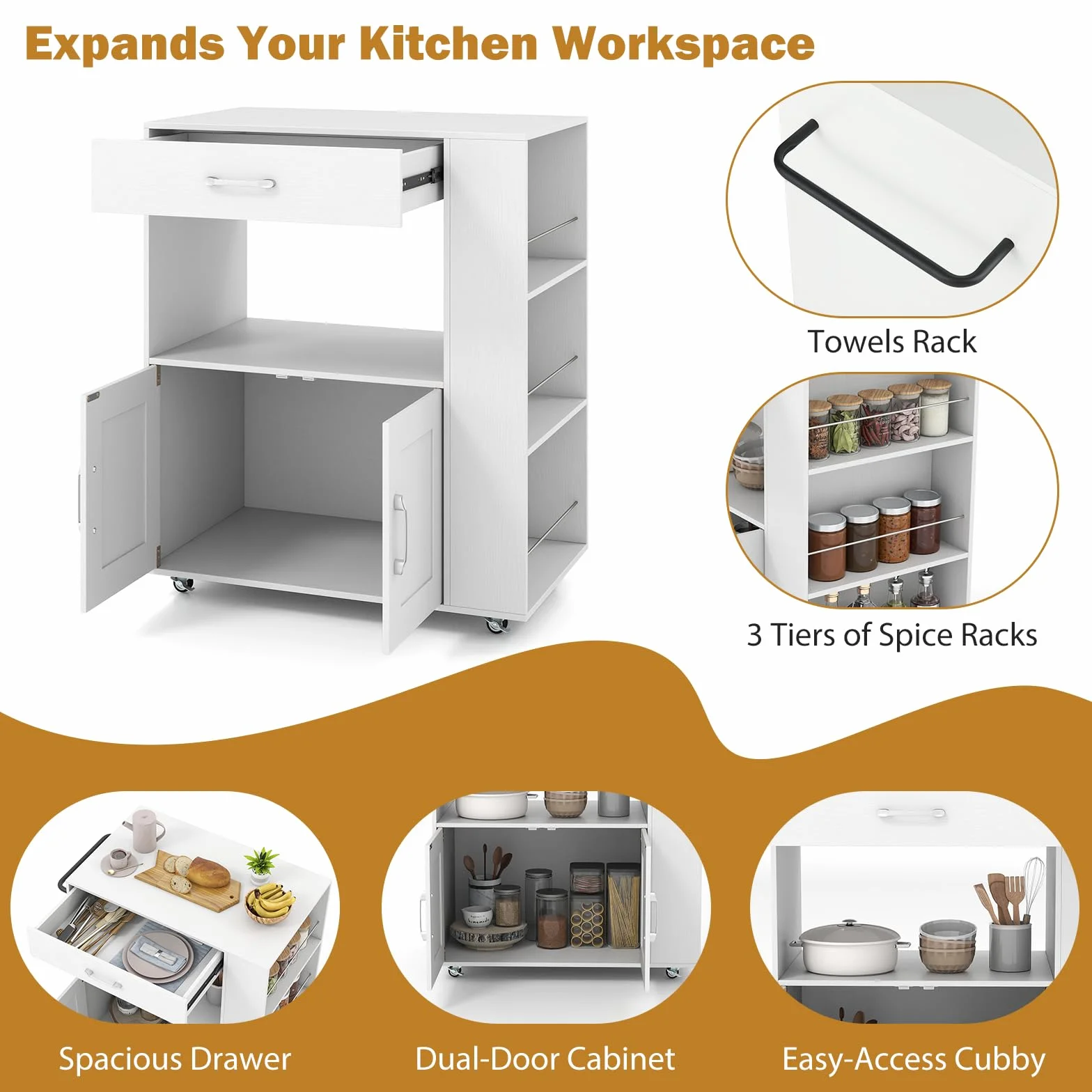 GIANTEX Carrito de cocina con ruedas, isla de cocina con encimera, isla de cocina móvil de madera, armario de cocina, carrito de servicio con cajón y 3 estantes, carrito de cocina (blanco completo)