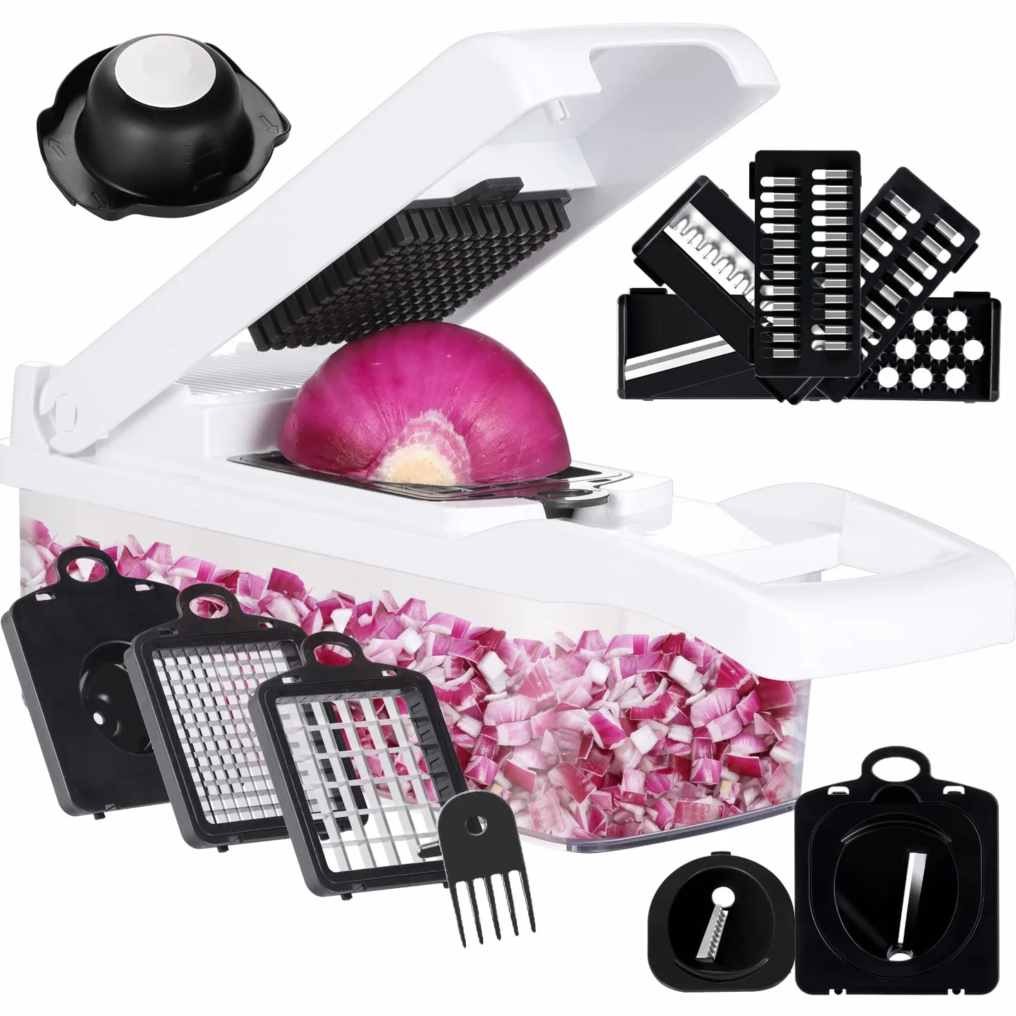 KEOUKE Cortador de verduras 16 en 1, cortador de verduras, cortador de alimentos con contenedor de protección de mano, cesta de drenaje, color blanco profesional