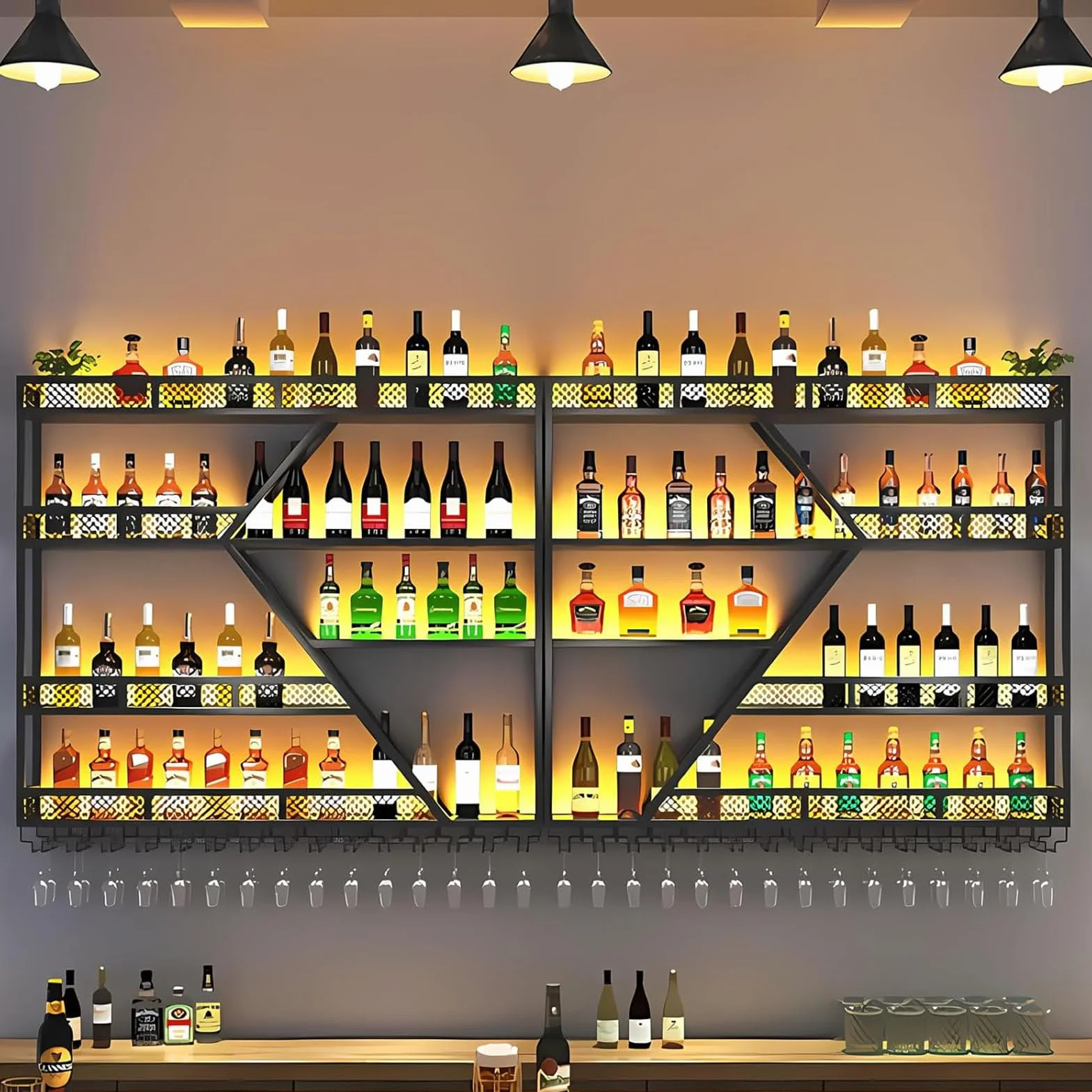 Estante de vino de pared de metal con iluminación LED y soporte modular