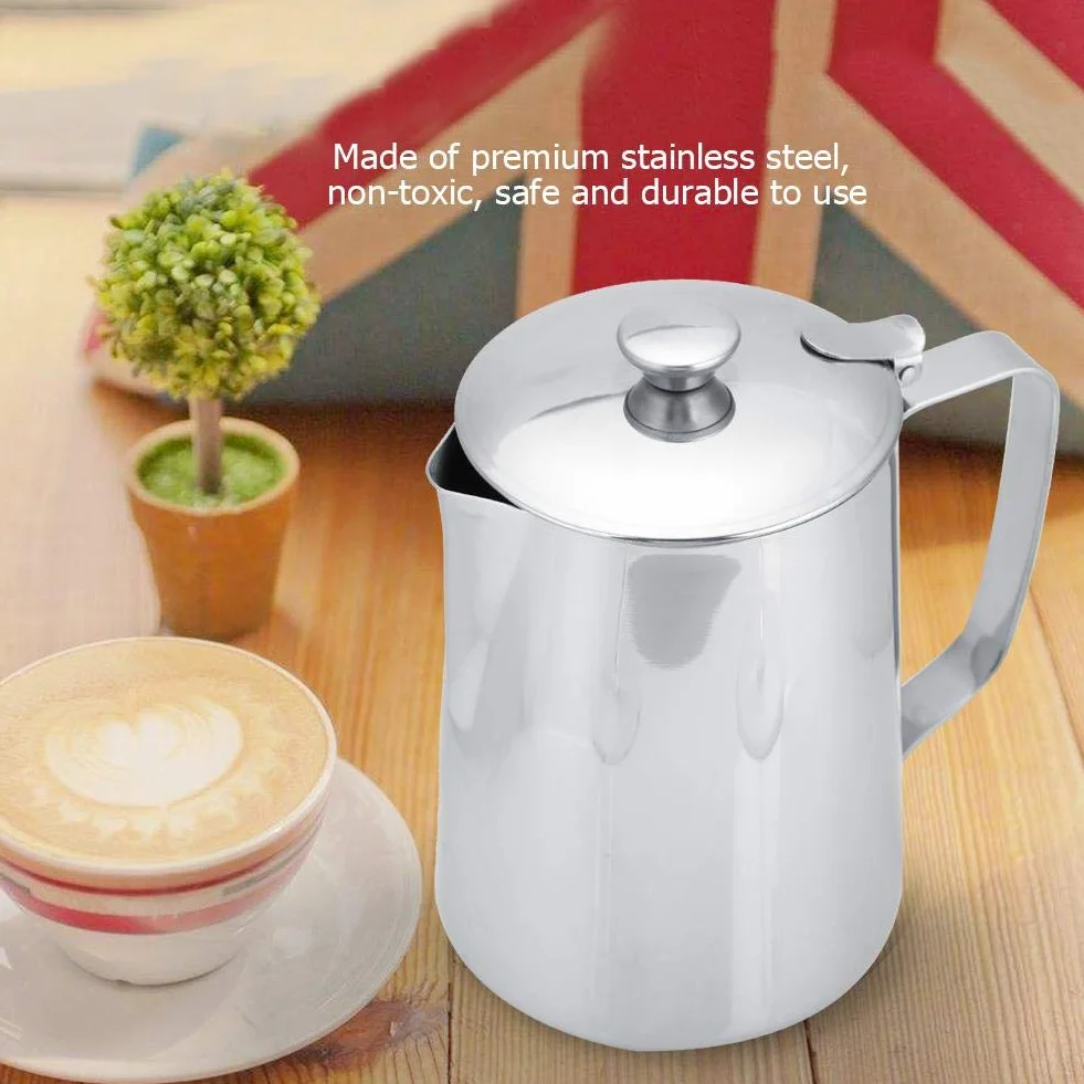 Nikou Taza de espuma, taza de café de acero inoxidable Jarra de espuma de leche Jarra con tapa para café con leche Arte(600ml)