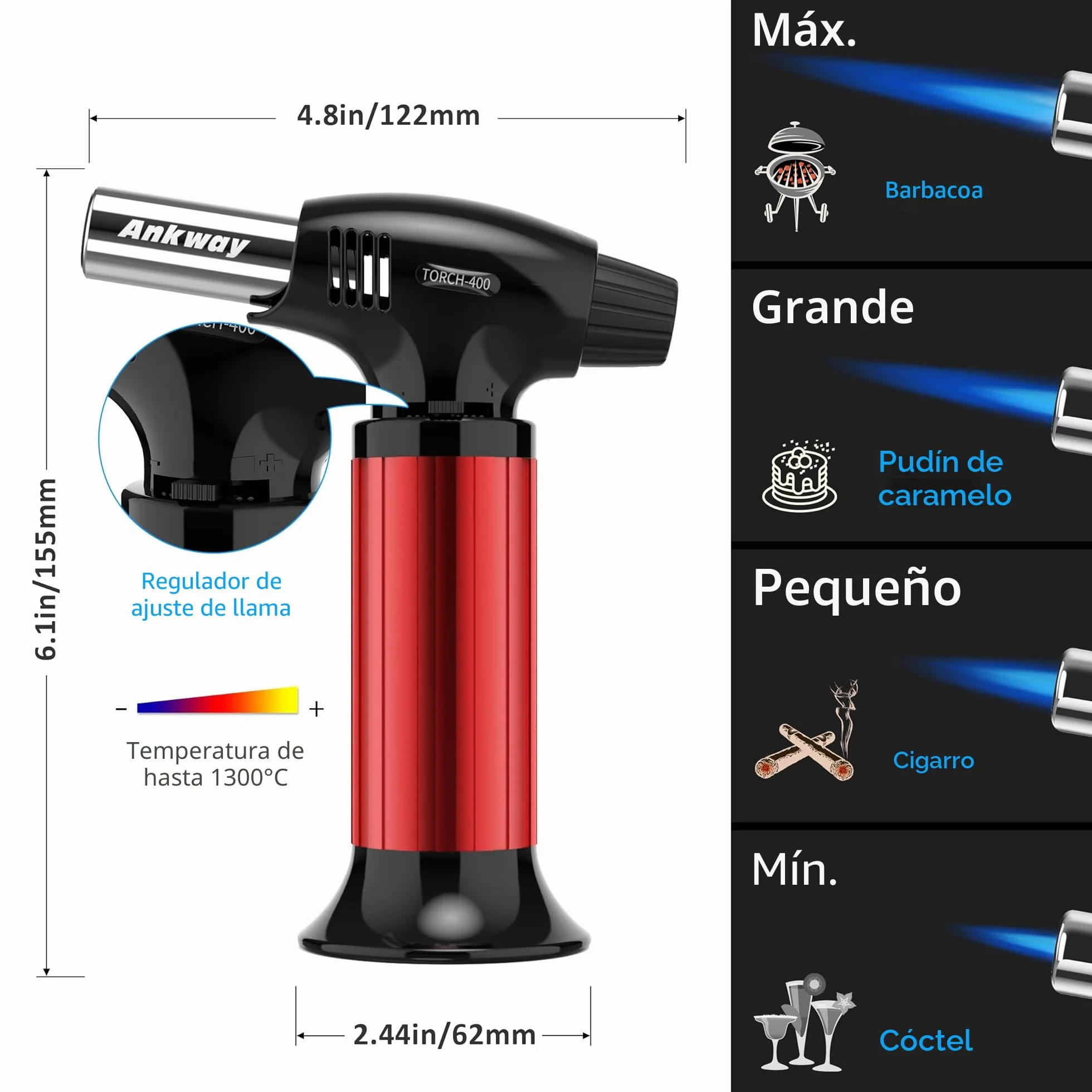 Soplete de cocina recargable con bloqueo de seguridad y llama ajustable Rojo