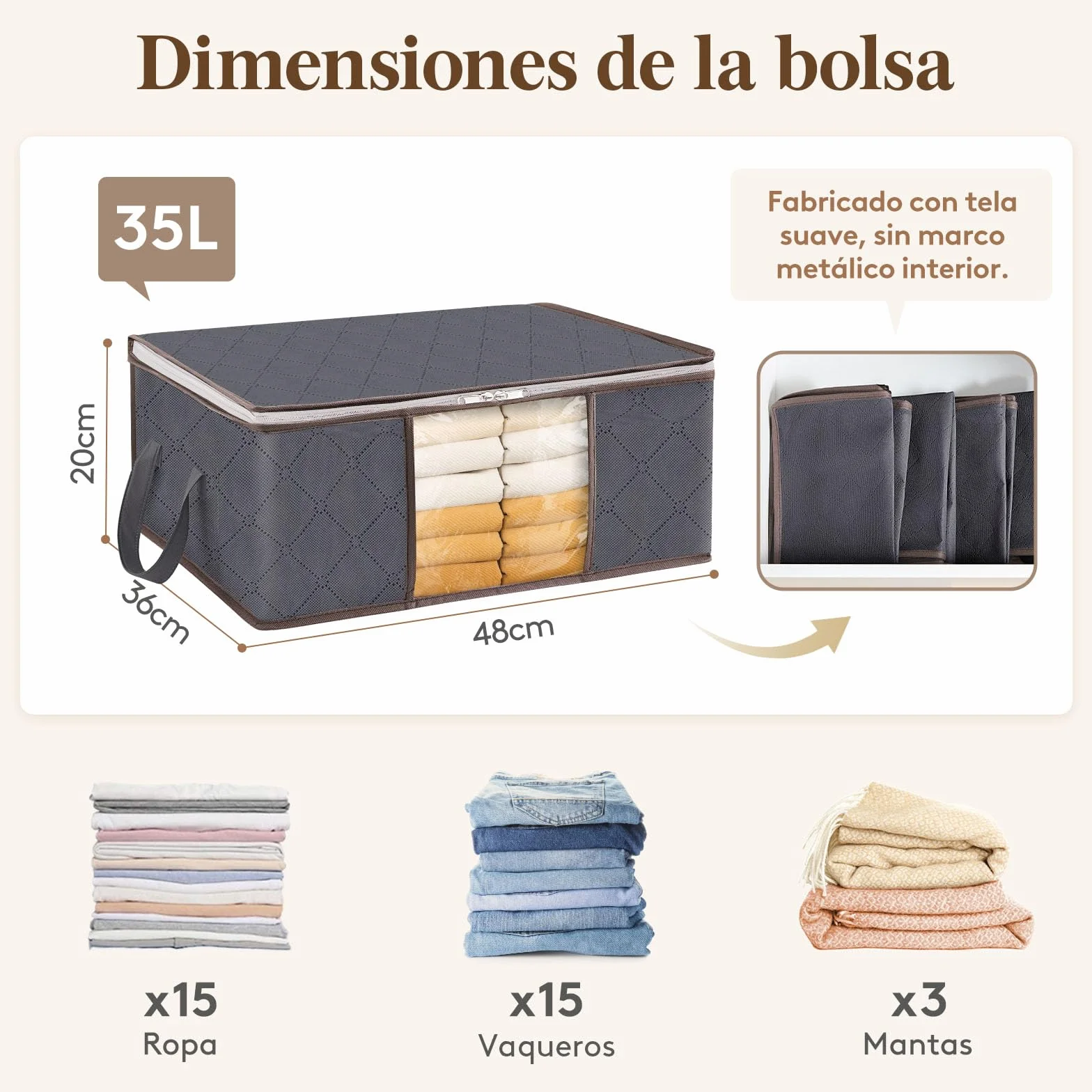 Lifewit Cajas Almacenaje Ropa Plegable Organizador Armario Tejido Resistente Ventana Transparente Gris 35 L 3 Piezas