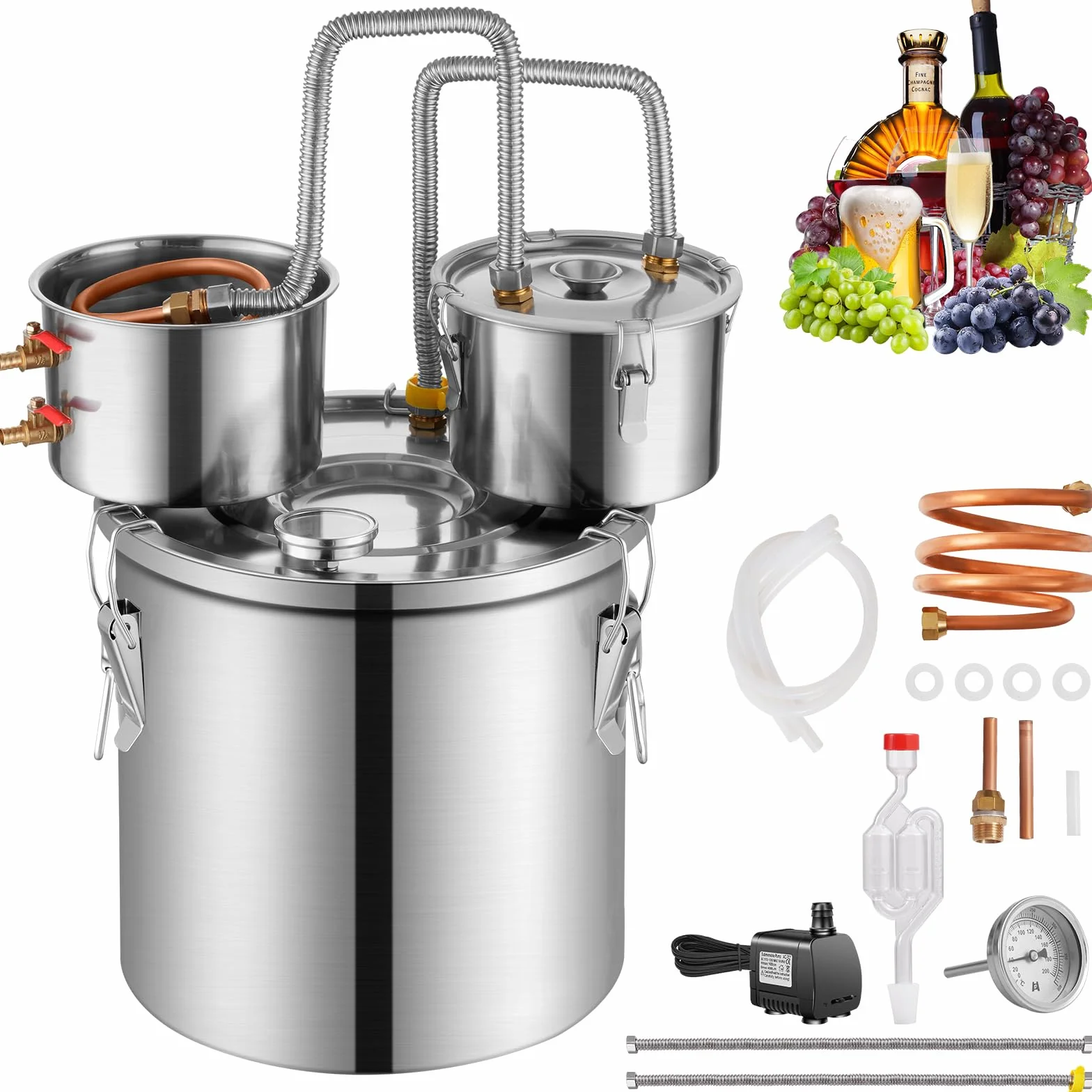 VEVOR Destilador de Alcohol de Acero Inoxidable de 50 L con Bobina de Cobre, Doble Condensador