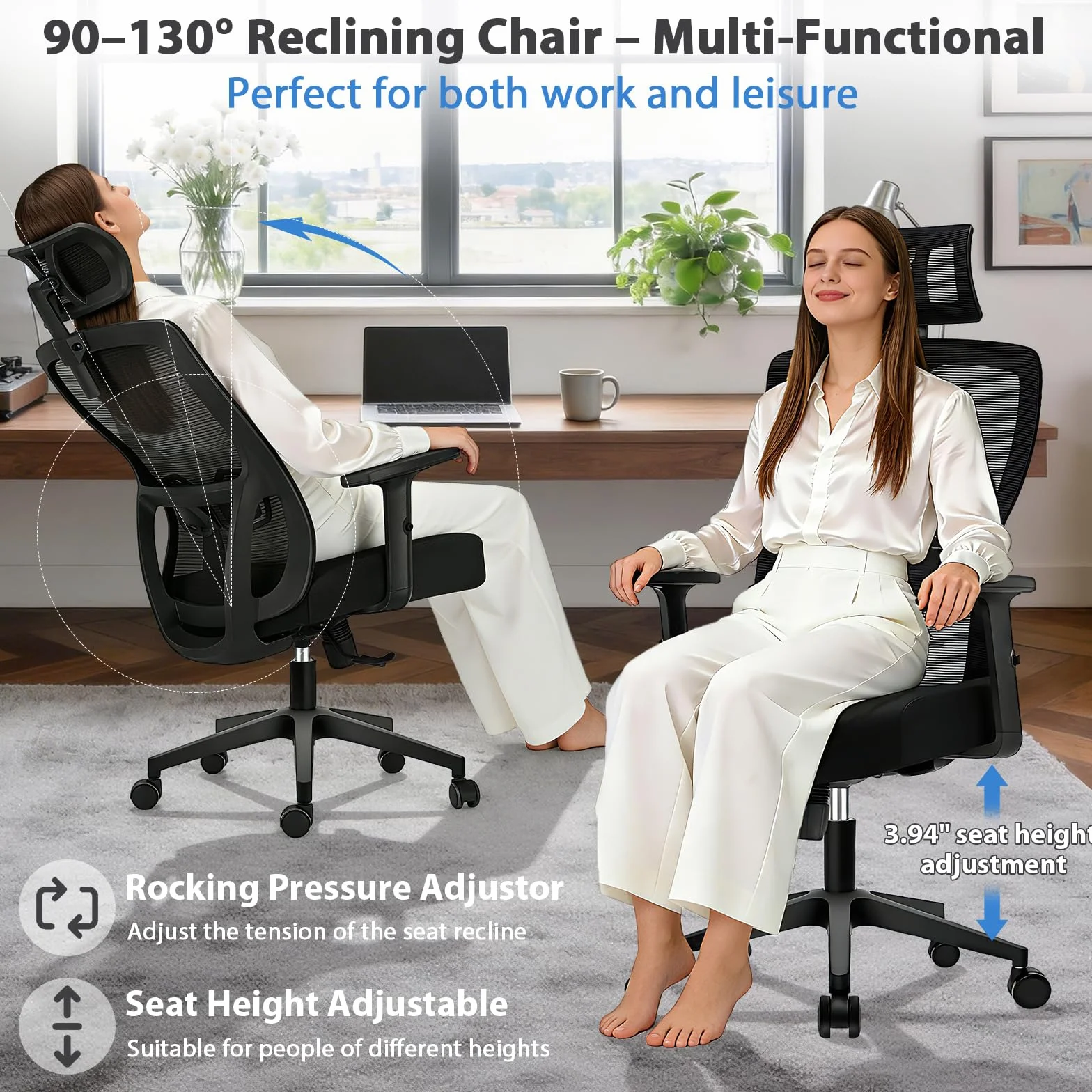 Durrafy Silla Oficina Ergonómica,Silla Escritorio con reposacabezas Ajustable,Reposabrazos, Soporte Lumbar, Altura Regulable y oscilación de 120°, Silla de Oficina Capacidad de Peso 150kg