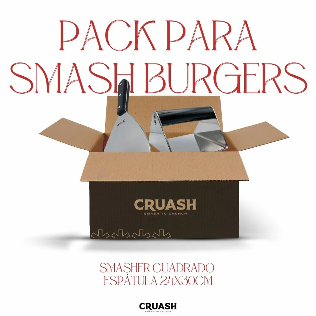 Kit Smash Burger - Sartén, Paleta, Espátula para Hacer Hamburguesas (Pack 2 Utensilios, Smasher Cuadrado)