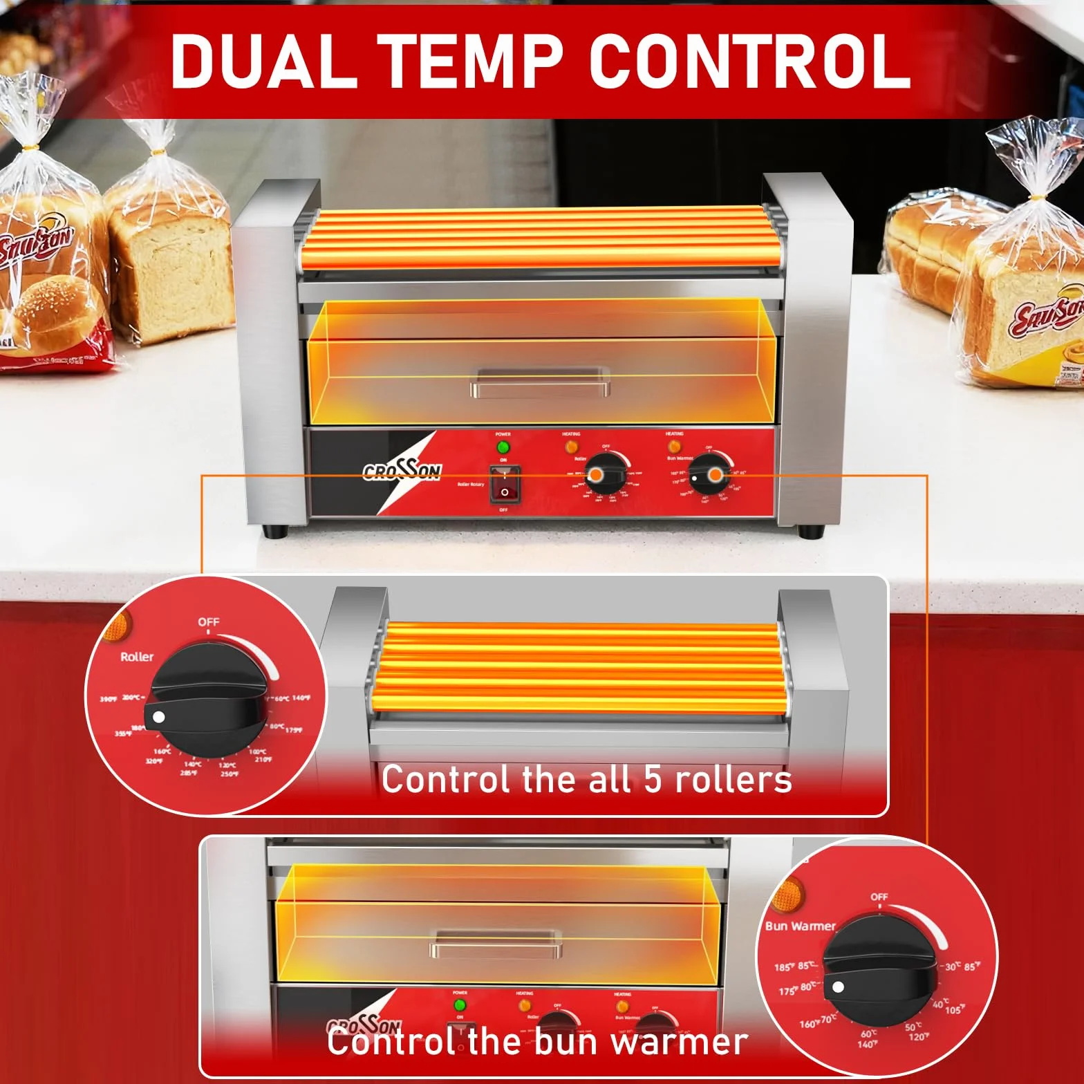 CROSSON Maquina Perritos Calientes 7 Rollos con Calentador de pan,Hot Dog Maquina Comercial de Acero Inoxidable con Control de Temperatura,1050W