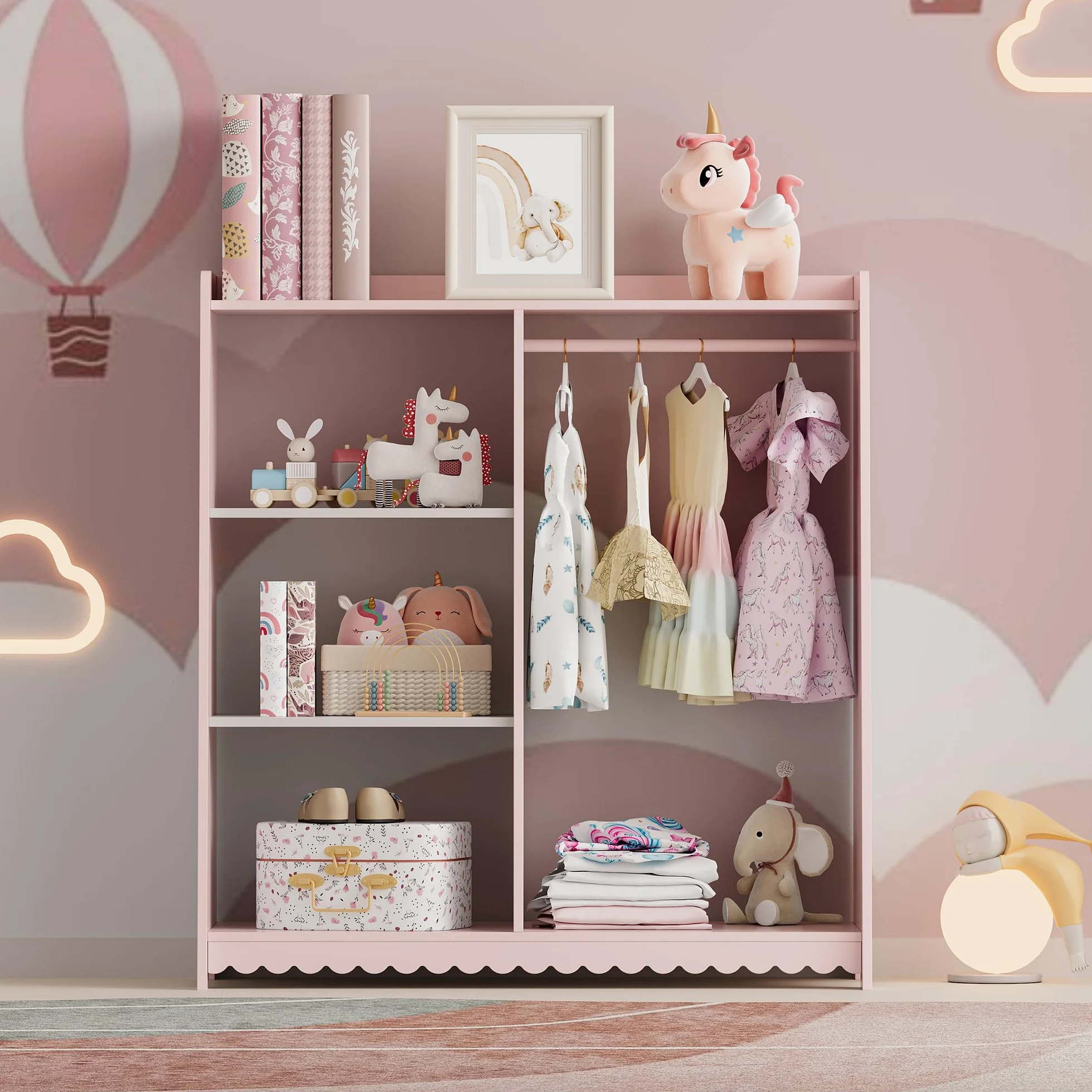 Vestnes Perchero Burro Infantil con Estantería Armario Abierto Ropa 90x80x38 cm Rosa/Blanco