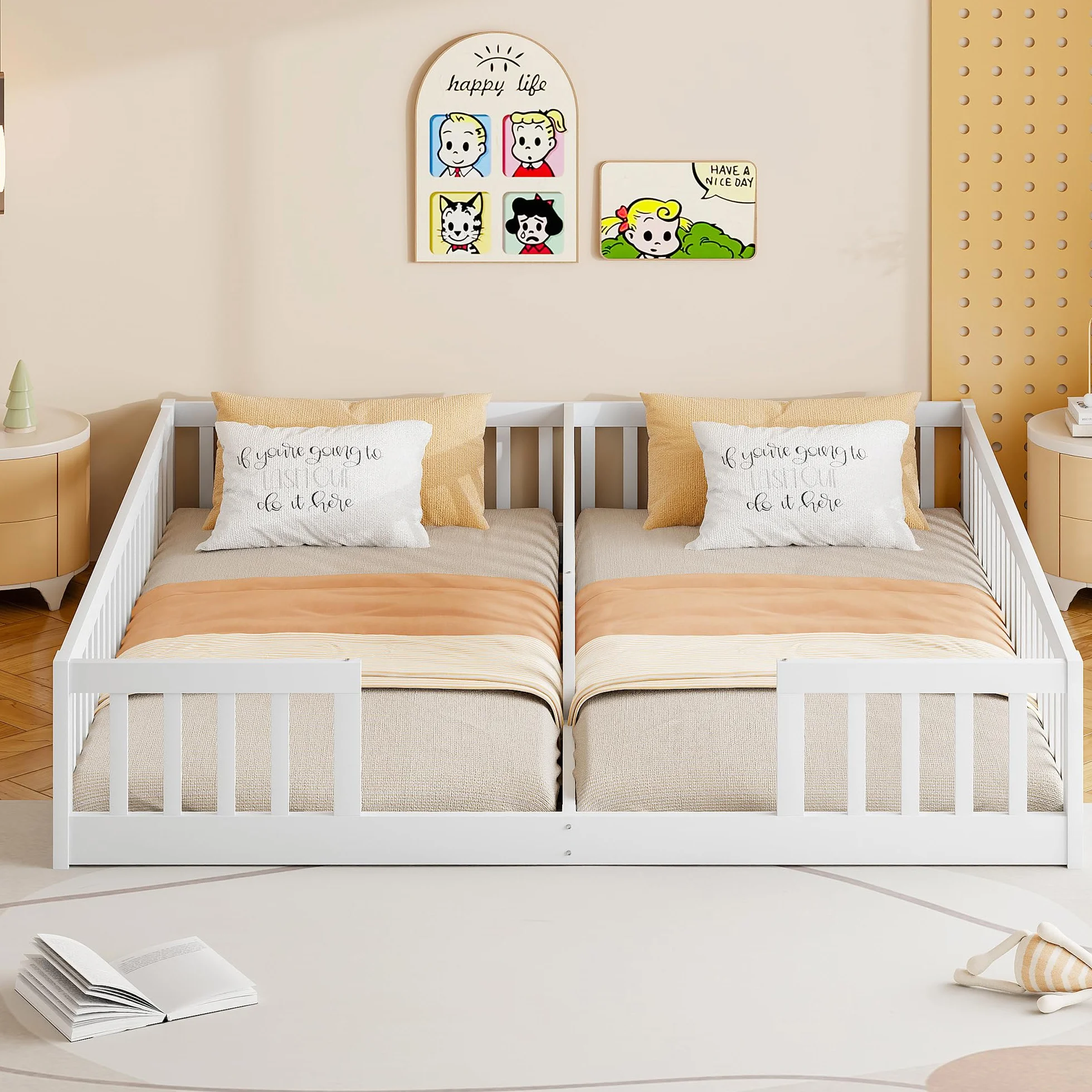 Cama de 90 x 200 cm, cama infantil con rejilla, sin somier (sin colchón), para familias con dos hijos, madera de pino, estilo minimalista, color blanco