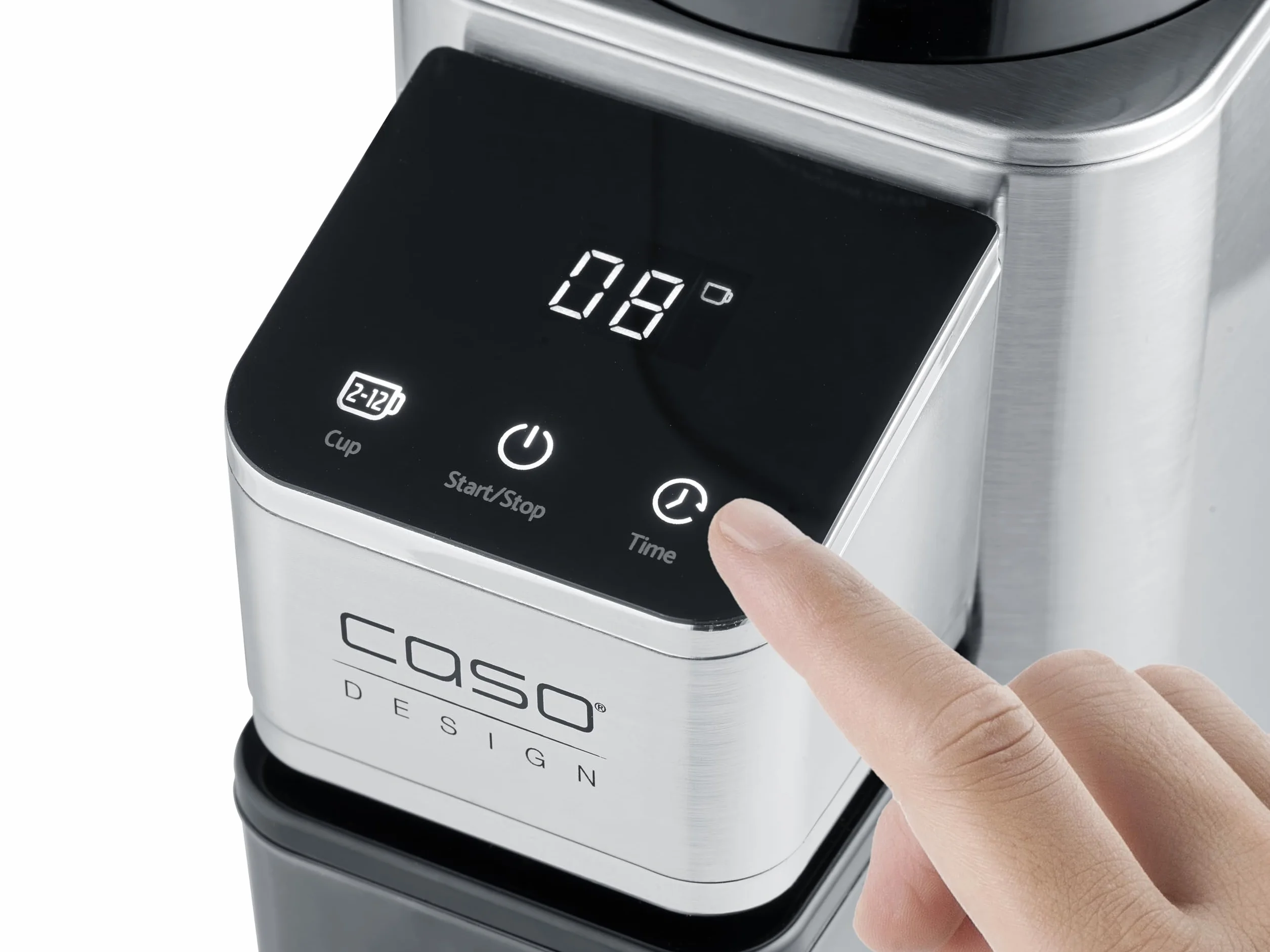 CASO BaristaChef Inox - Molinillo de café eléctrico con muelas cónicas, pantalla táctil, temporizador digital y sobresaliente, capacidad de 250g, 48 niveles de molienda precisos - acero inoxidable