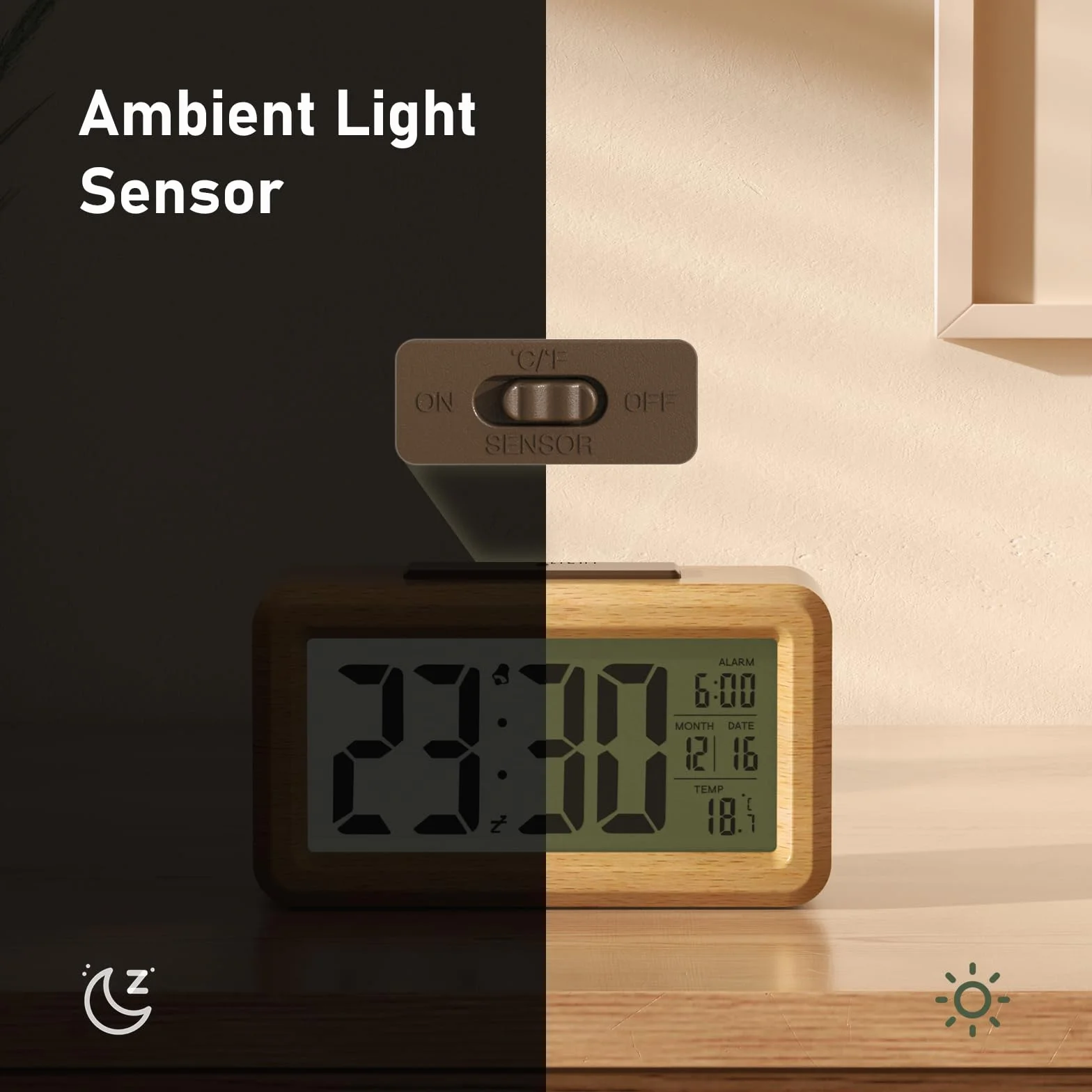 Despertador Digital de Madera, Reloj Despertador Digital Pilas con Pantalla LCD Grande, Retroiluminación, Fecha, Temperatura, Sensor de Luz Automático, Snooze (3 Pilas AAA Incluidas)
