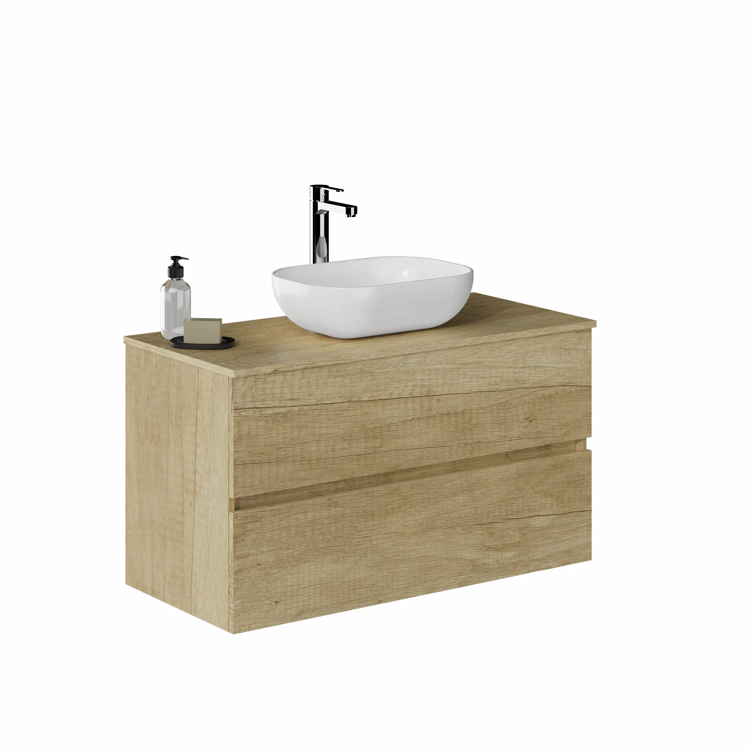 Baikal Baño Onyx, 2 cajones, suspendido en Pared, con Lavabo cerámico. Mueble Montado, Melamina 16,Mueble F46 + Top + Lavabo 100 cm Nature