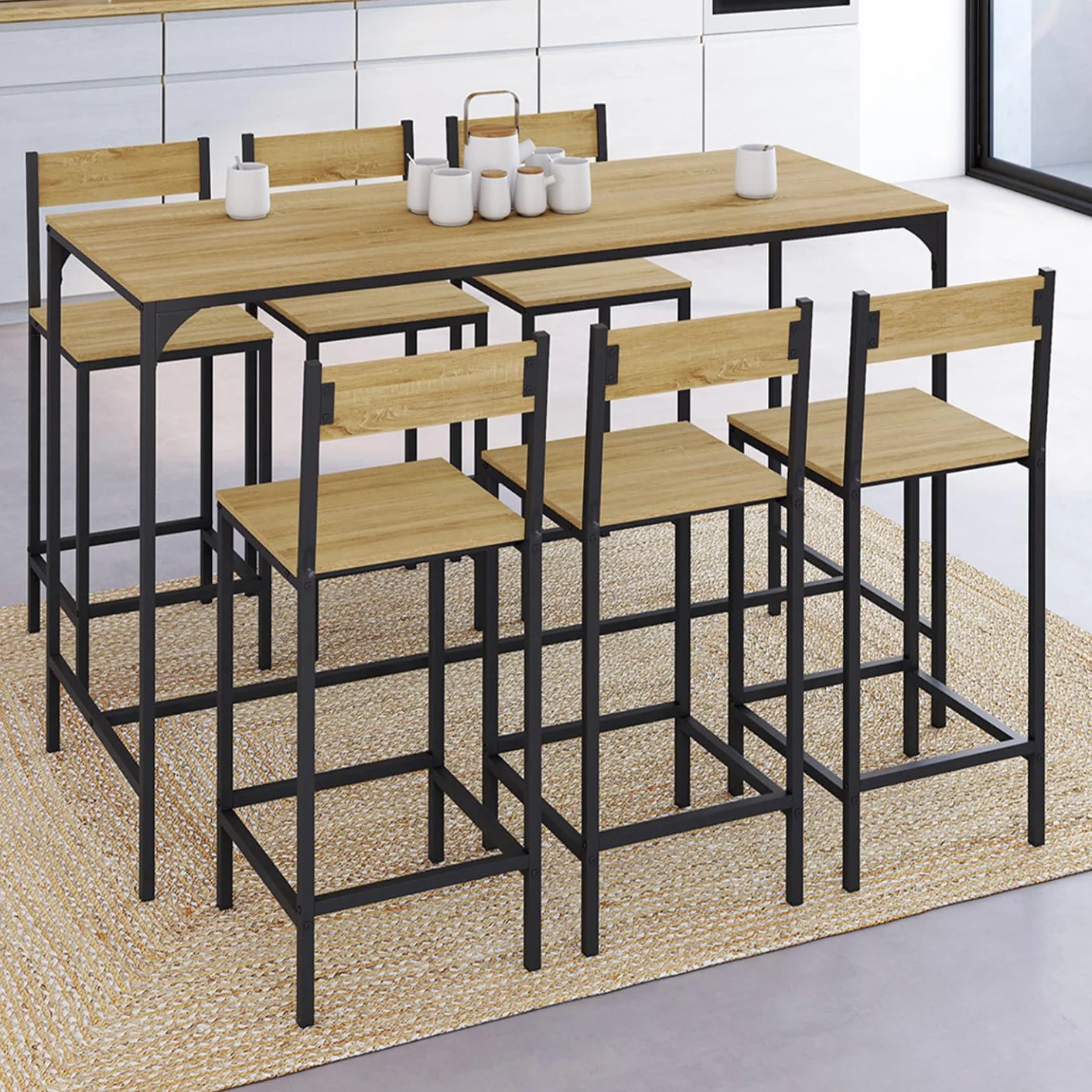 IDMarket – Conjunto de mesa alta de bar Detroit 150 cm y 6 sillas de bar diseño industrial