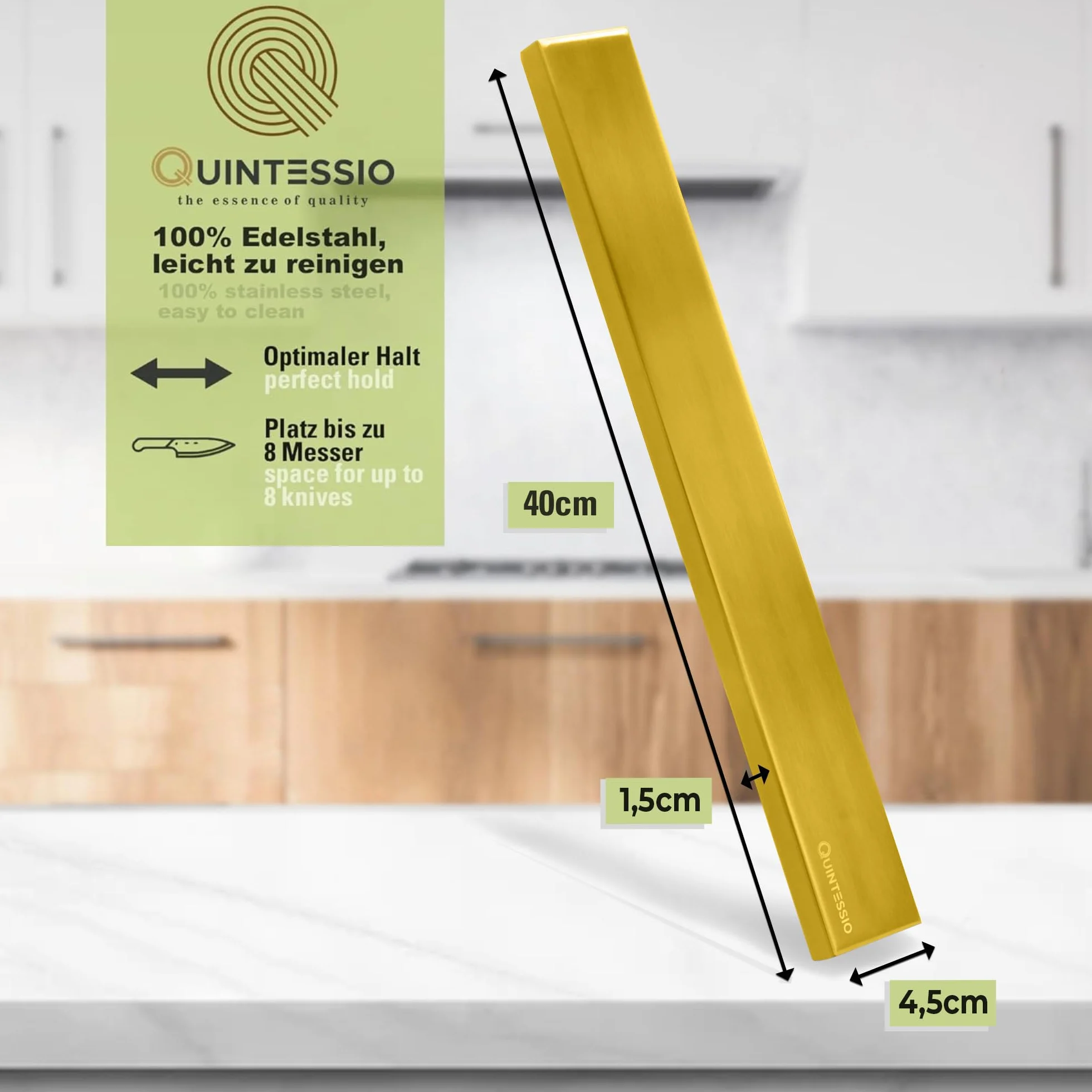 QUINTESSIO Barra magnética para cuchillos acero inoxidable 40 cm oro
