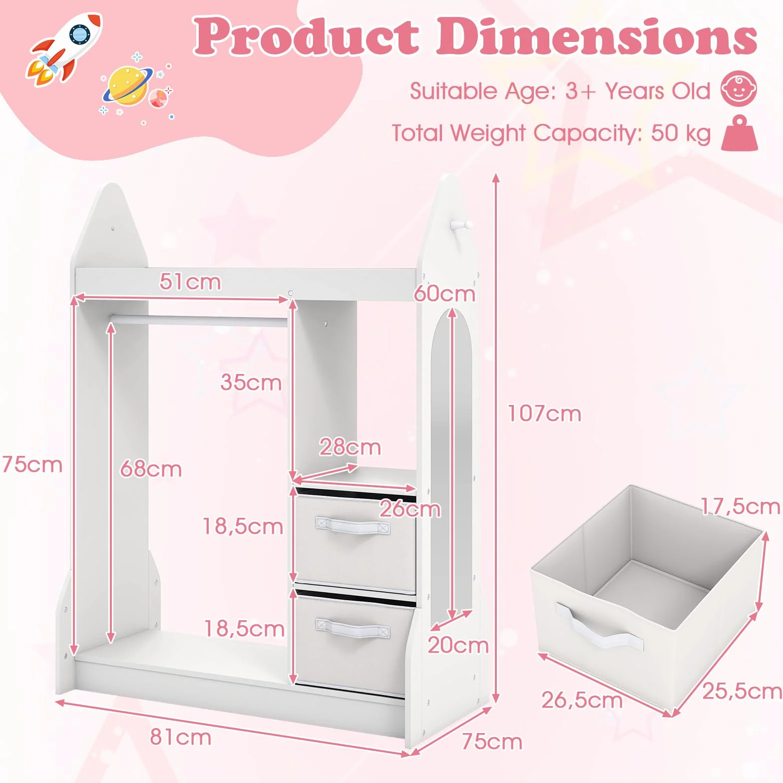 FANTASK Armario Infantil con Cajones de Tela, Espejo y Perchero de Madera, 81 x 38 x 107 cm, Blanco