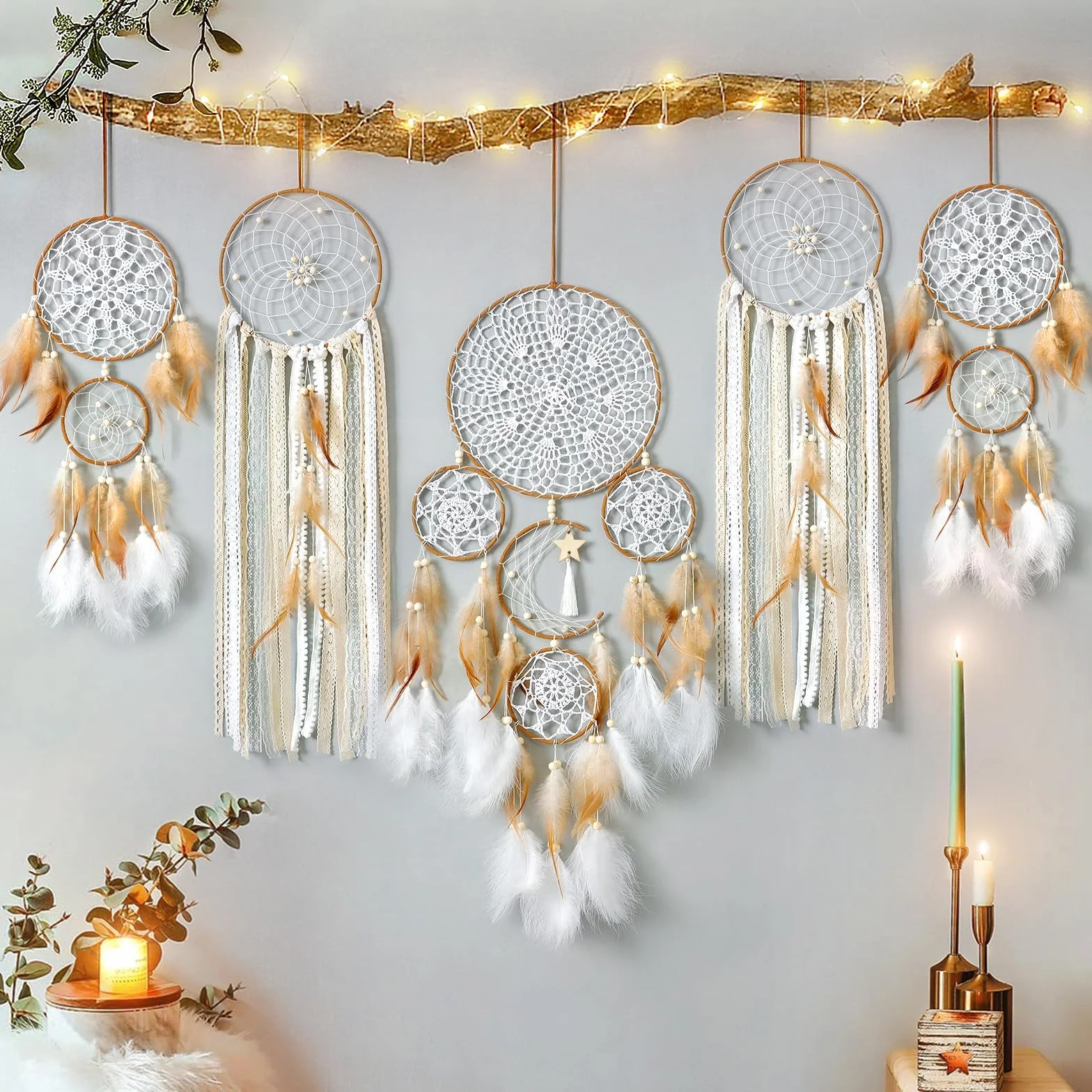 LOMOHOO Juego de 5 atrapasueños con diseño de luna y sol, macramé bohemio, para colgar en la pared, decoración de habitación, plumas hechas a mano, para dormitorio de niños y niñas, decoración del