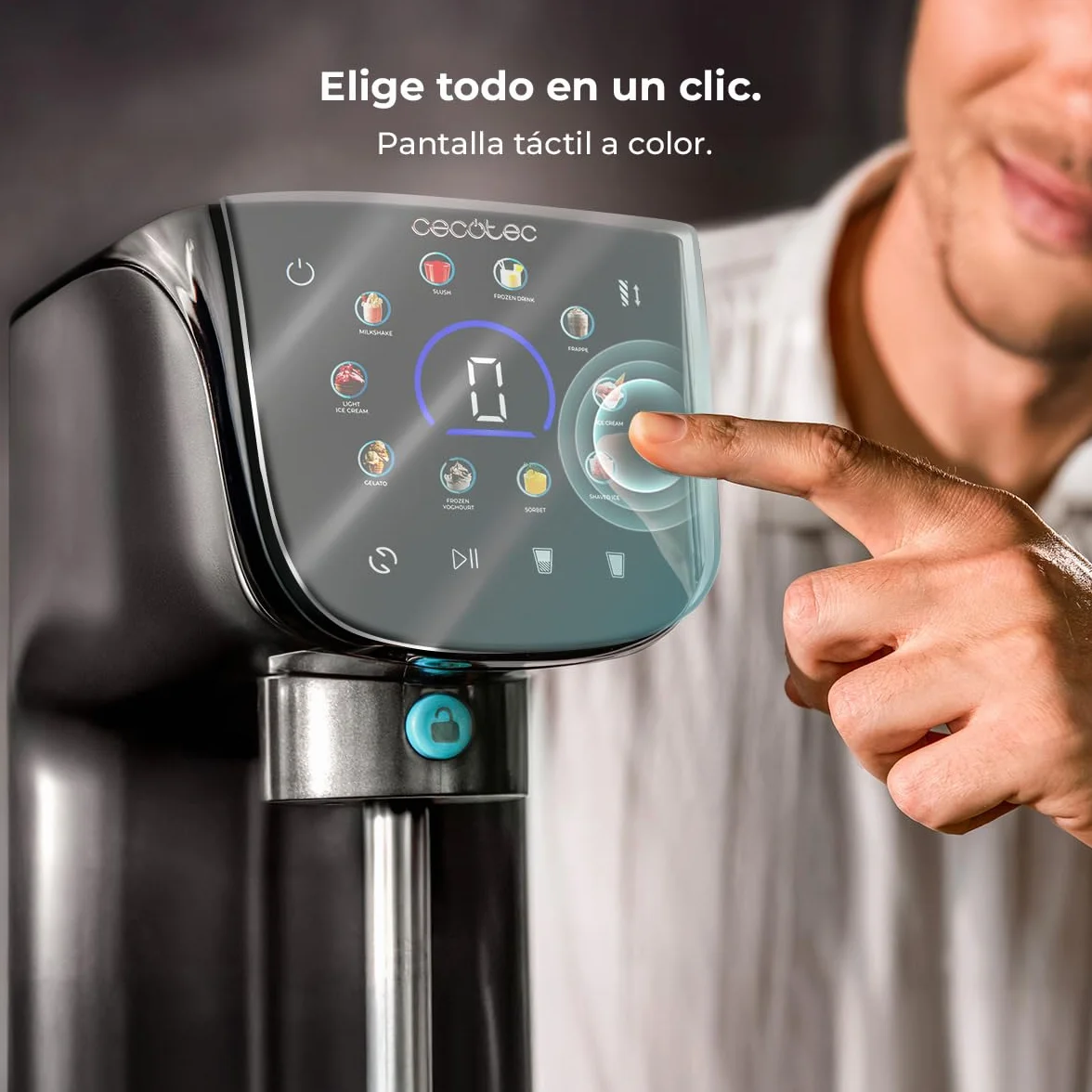 Cecotec Heladera Multifunción Capacidad 2,1L, 3 Tarrinas, Gelatec 2100. 500W, 11 Programas de Helado y Bebidas Granizadas, Tecnología CreamOn y Re-spin, Pantalla Táctil, Incluye Recetario Digital