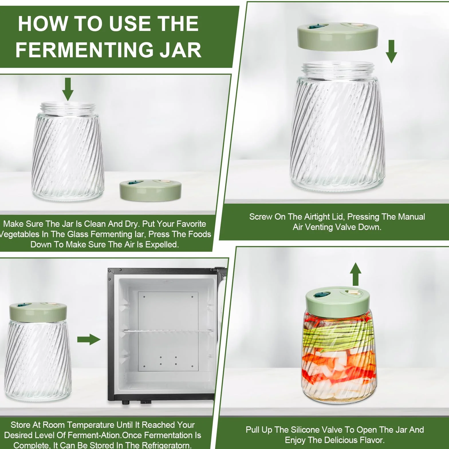 USHOP 2 Tarros de Fermentación de Vidrio 1.4l con Doble Válvula,Tarro de Fermentación,Fermentacion Frascos de Vidrio con Tapa,Frascos Herméticos para Kimchi, Chucrut, Conservas y Almacenamiento