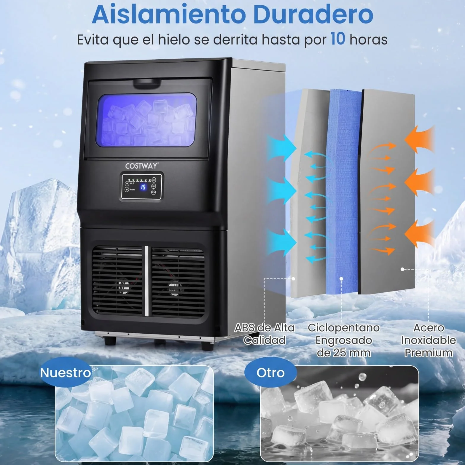 COSTWAY Maquina de Hielo Comercial, 25-30 kg/24H, 24 Cubos en 15-17 Minutos, Maquina de Hacer Hielo, Ice Maker de Acero Inoxidable con Autolimpieza, 34,4 x 35,6 x 62,3 cm