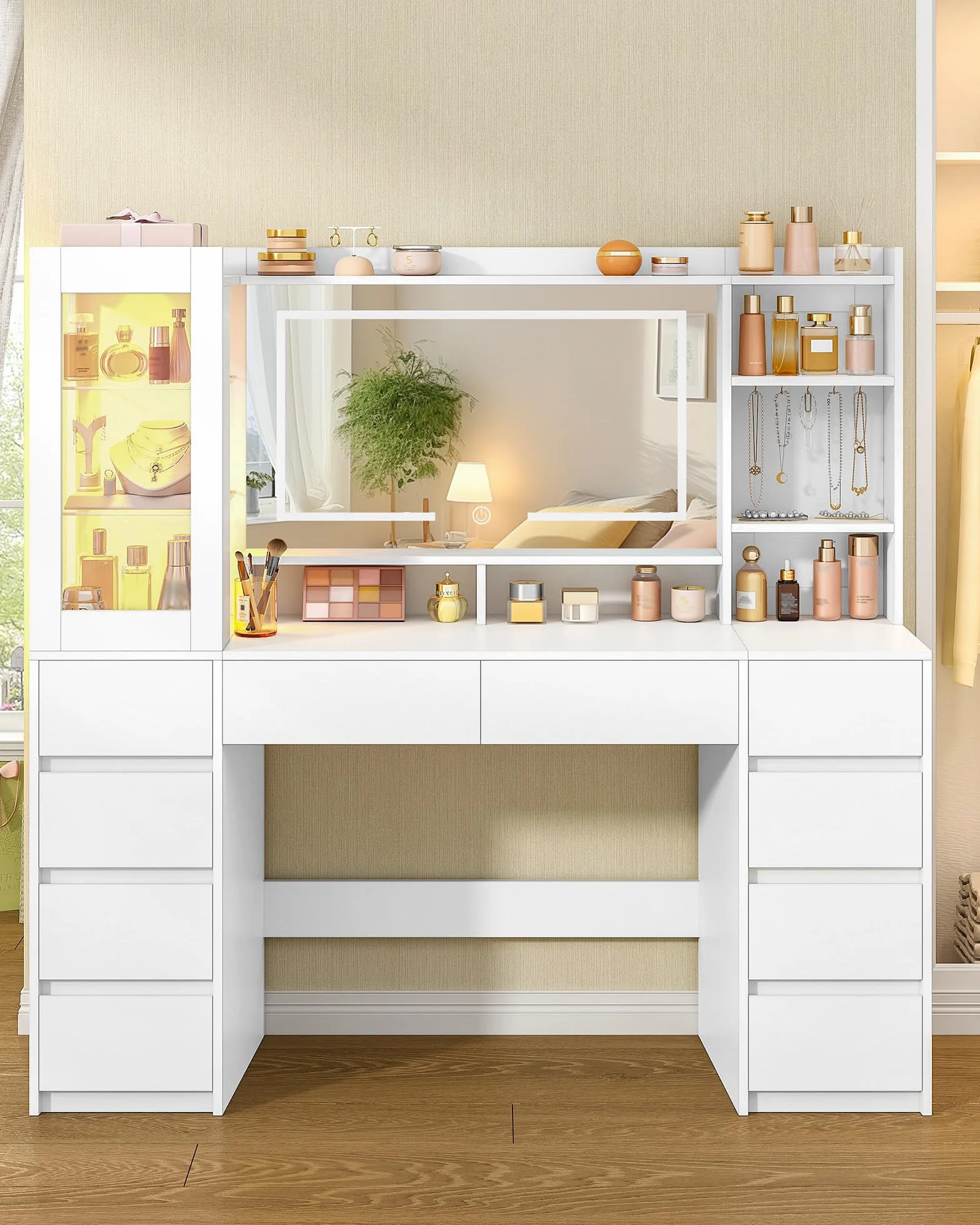 Tocador de Maquillaje Grande 140 cm con Espejo HD, Tira de Luz RGB, 10 Cajones, Blanco