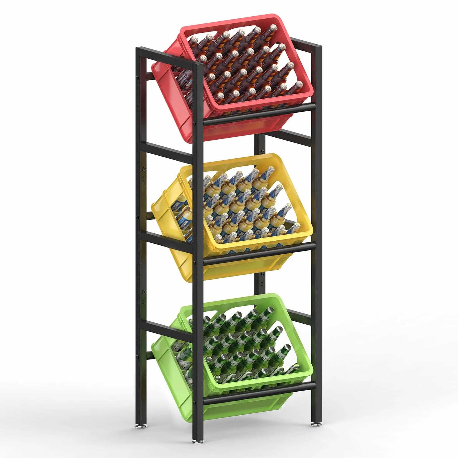 Estante de Cajas para Bebidas 3 Niveles, Estante de Almacenamiento de Botellas de Metal, Capacidad 3 Cajas, Pies Ajustables, Antióxido