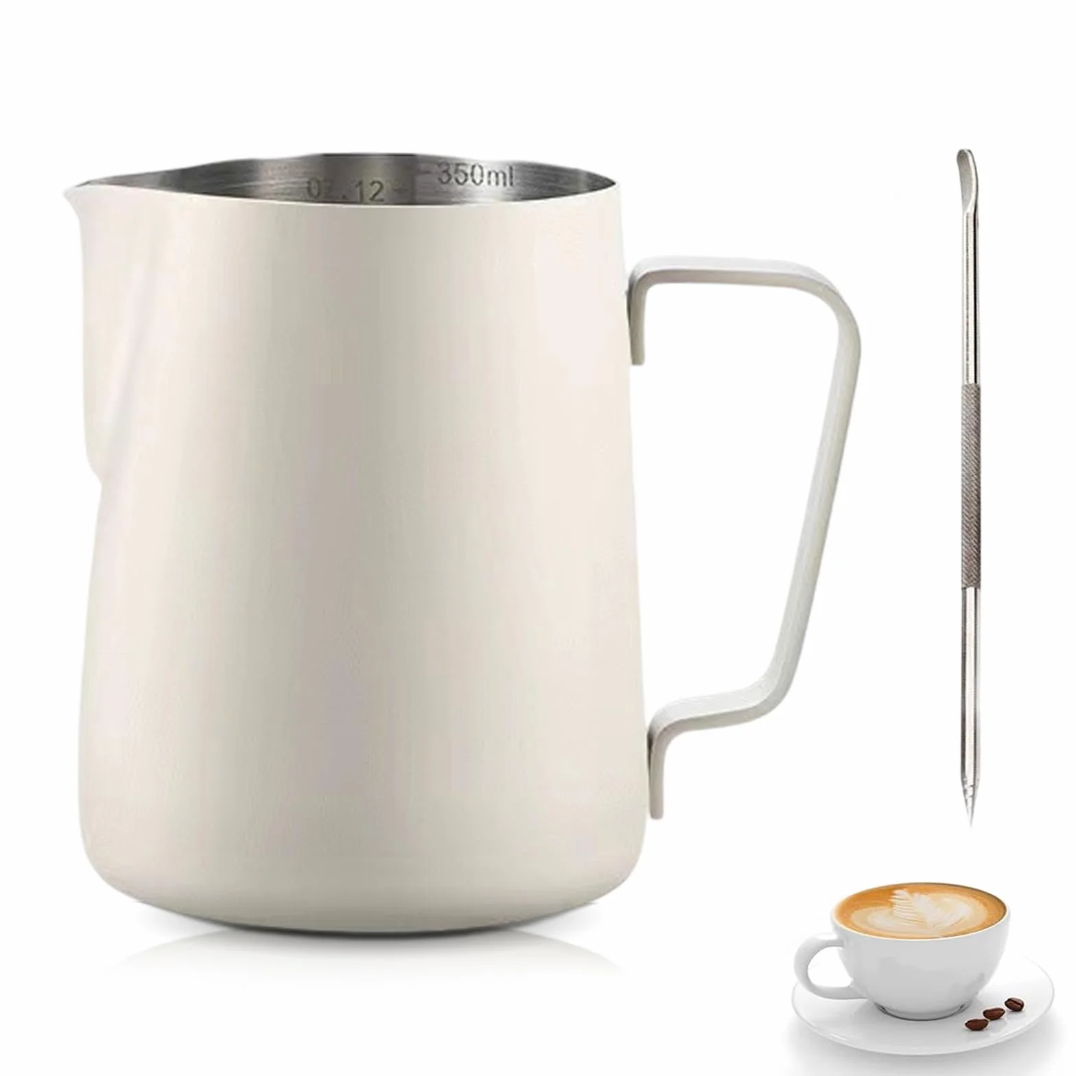 Jarra de Leche Acero Inoxidable,Tianher 350ml Jarra Leche Cafetera Barista Taza de Espumador con Marca de Medición y Lápiz Artístico para de Café de Mano y Latte Art Capuchino (beige)
