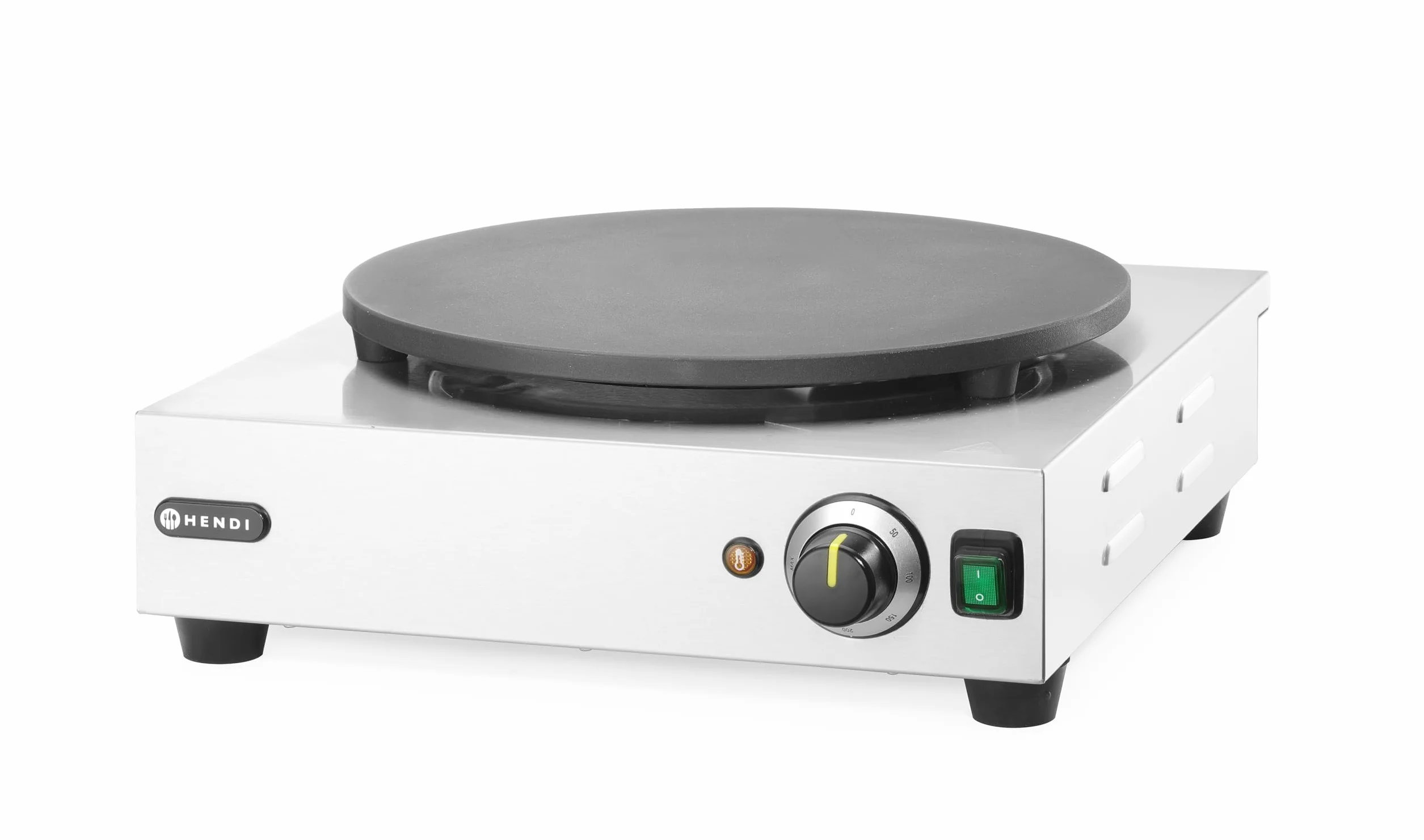 HENDI Crepera eléctrica, con esparcidor de madera,temperatura regulable 50°-250°C, placa de diámetro400mm,de hierro fundido con revestimiento cerámico, 230V, 3000W, 470x509x(H)161mm,acero inoxidable