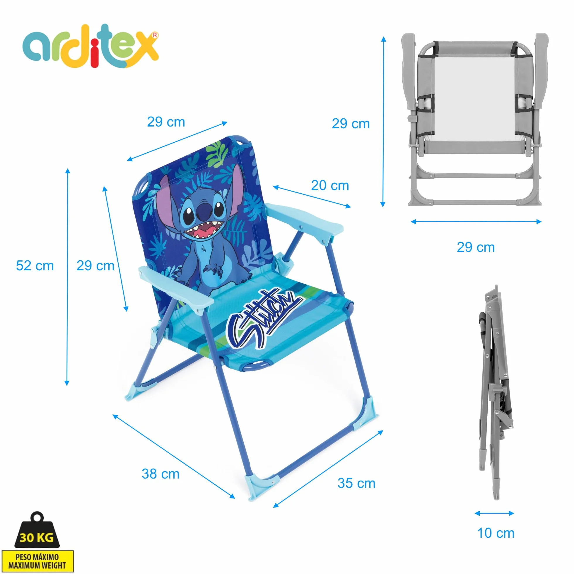 ARDITEX Silla Plegable con Brazos de Stitch de Disney - 38x32x53cm - Adecuado para jardín, Camping, Playa o montaña - Ideal para niños y niñas.