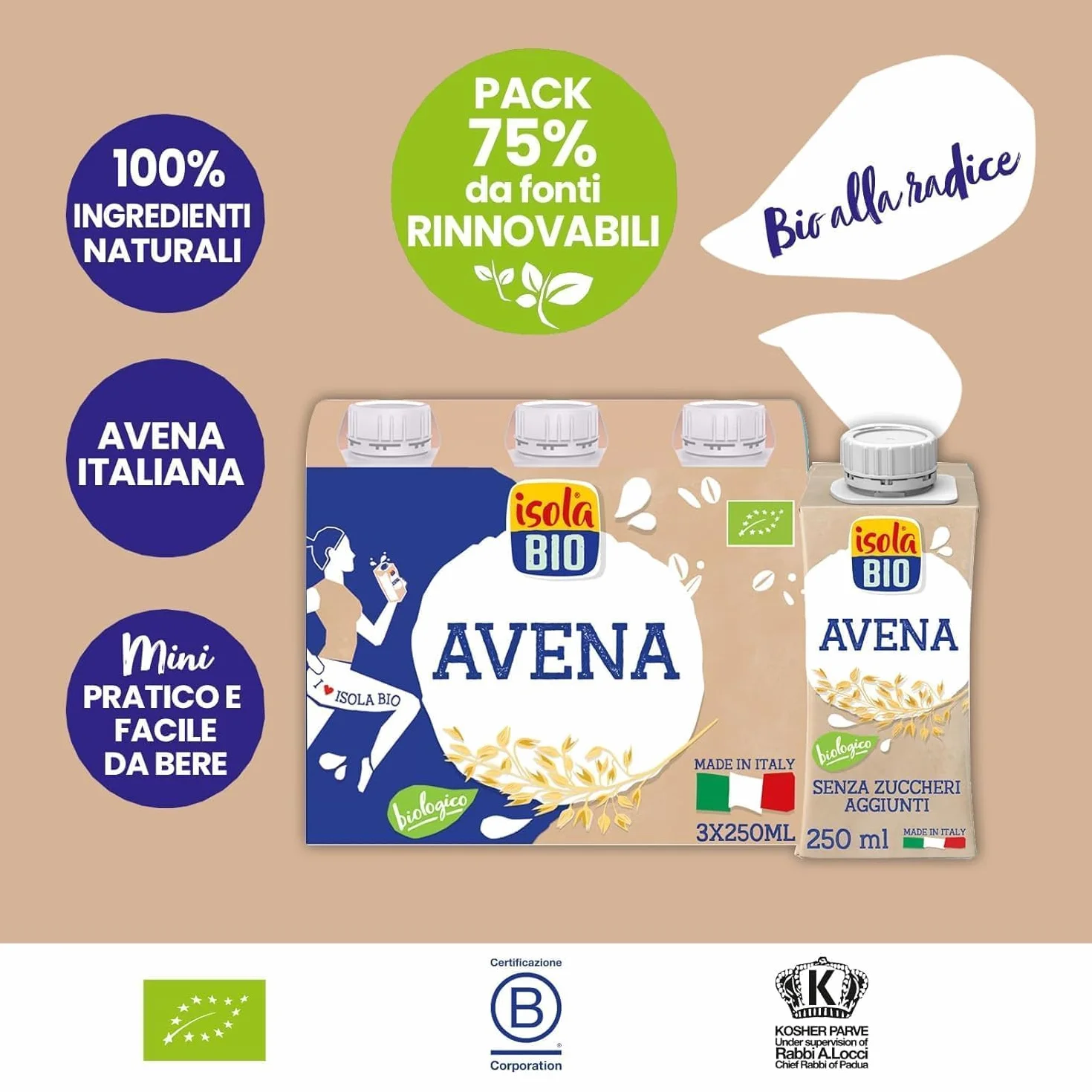 Isola Bio Bebida Vegetal de Avena Pack 3x250 ml Fuente de Calcio y Fibra Sin Azúcares Añadidos Vegana