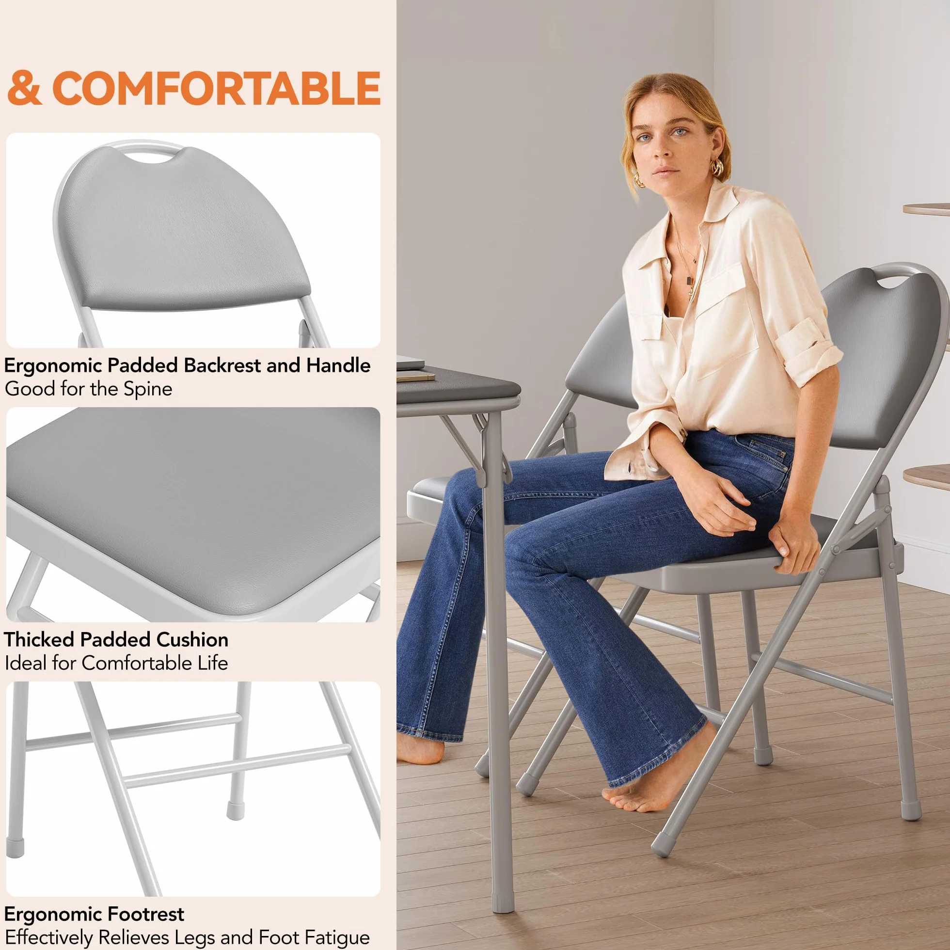 Sillas Plegables compactas Asiento Acolchado PU - Estructura metálica Resistente Respaldo ergonómico Alto Fáciles Transportar y almacenar Comedor la Oficina (4pc Grises)