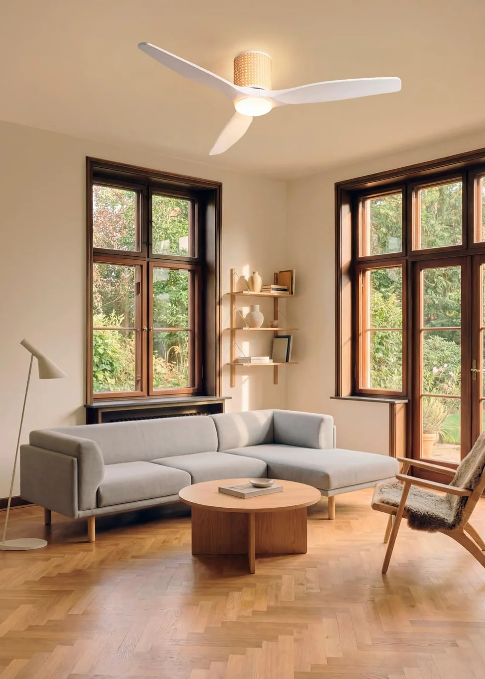 CREATE / WIND CALM CUSTOM RATTAN/Ventilador de techo con luz ratán claro aspas madera natural blanco con mando / 40W, Doble luz, Ø132 cm, luz LED 3 temperaturas, función verano-invierno